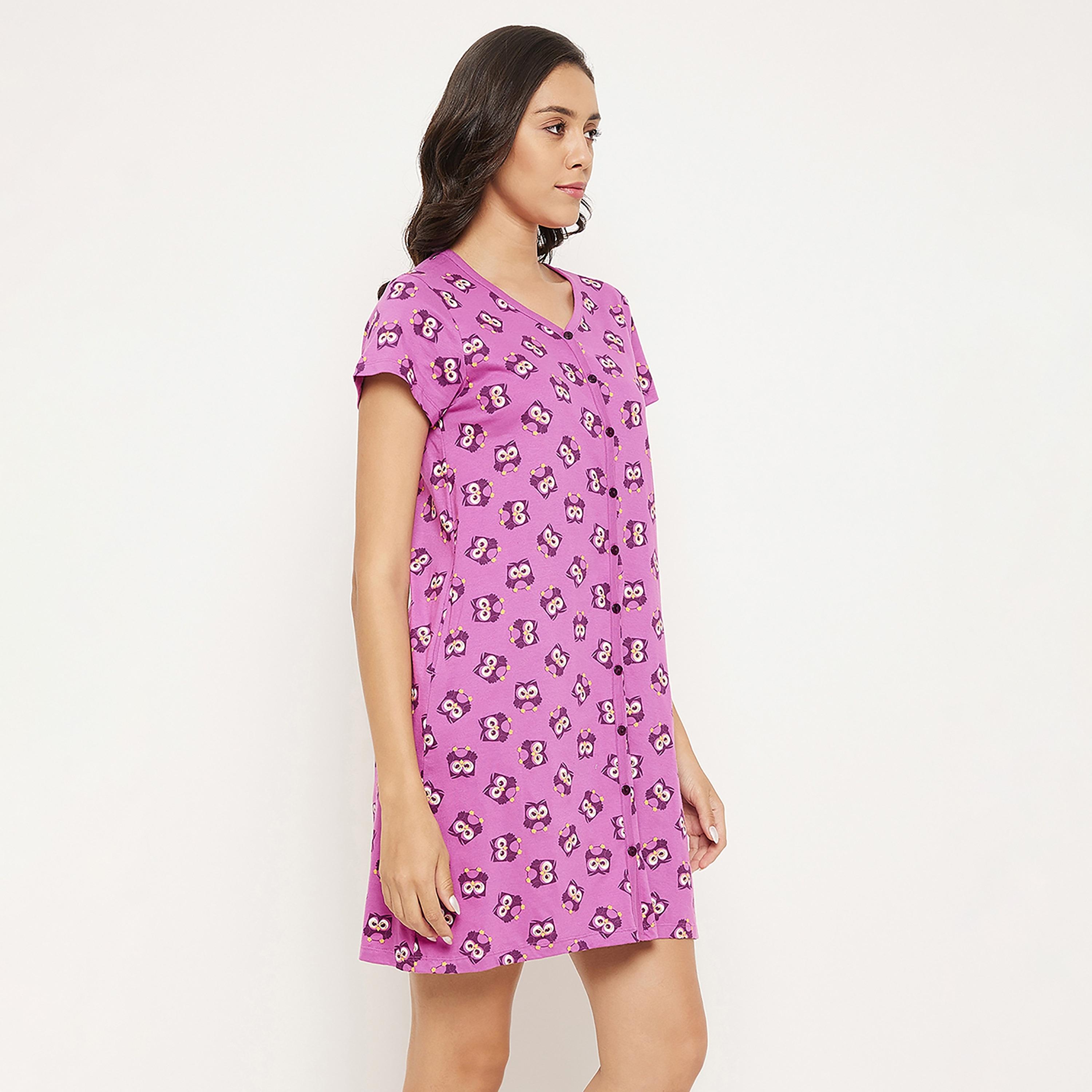 Clovia Owl Print Button Me Up Short Women's Nightdress in Purple - Pure Cotton-women-clothing-nightwear-nighties-image-5