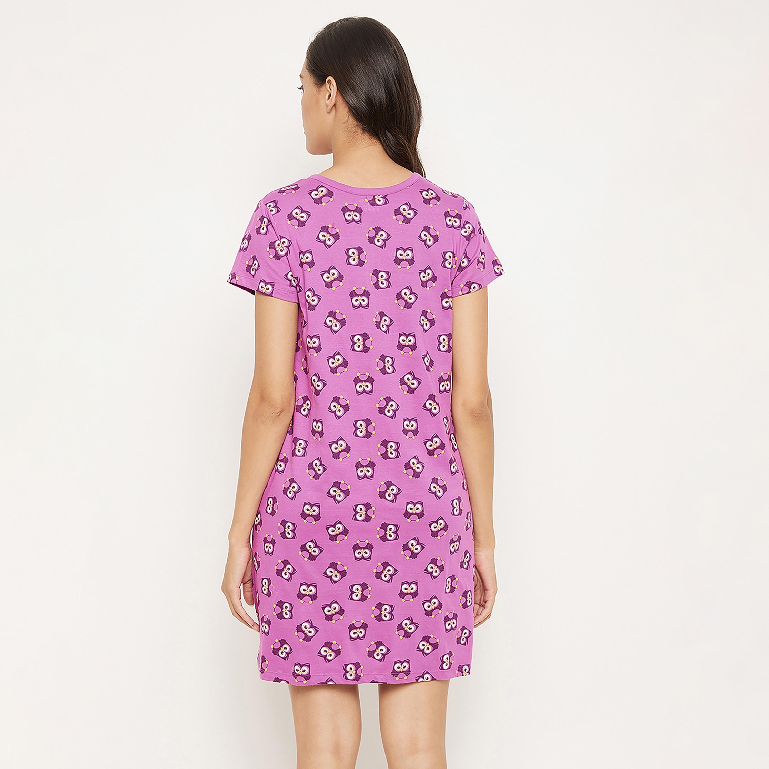 Clovia Owl Print Button Me Up Short Women's Nightdress in Purple - Pure Cotton-women-clothing-nightwear-nighties-image-6