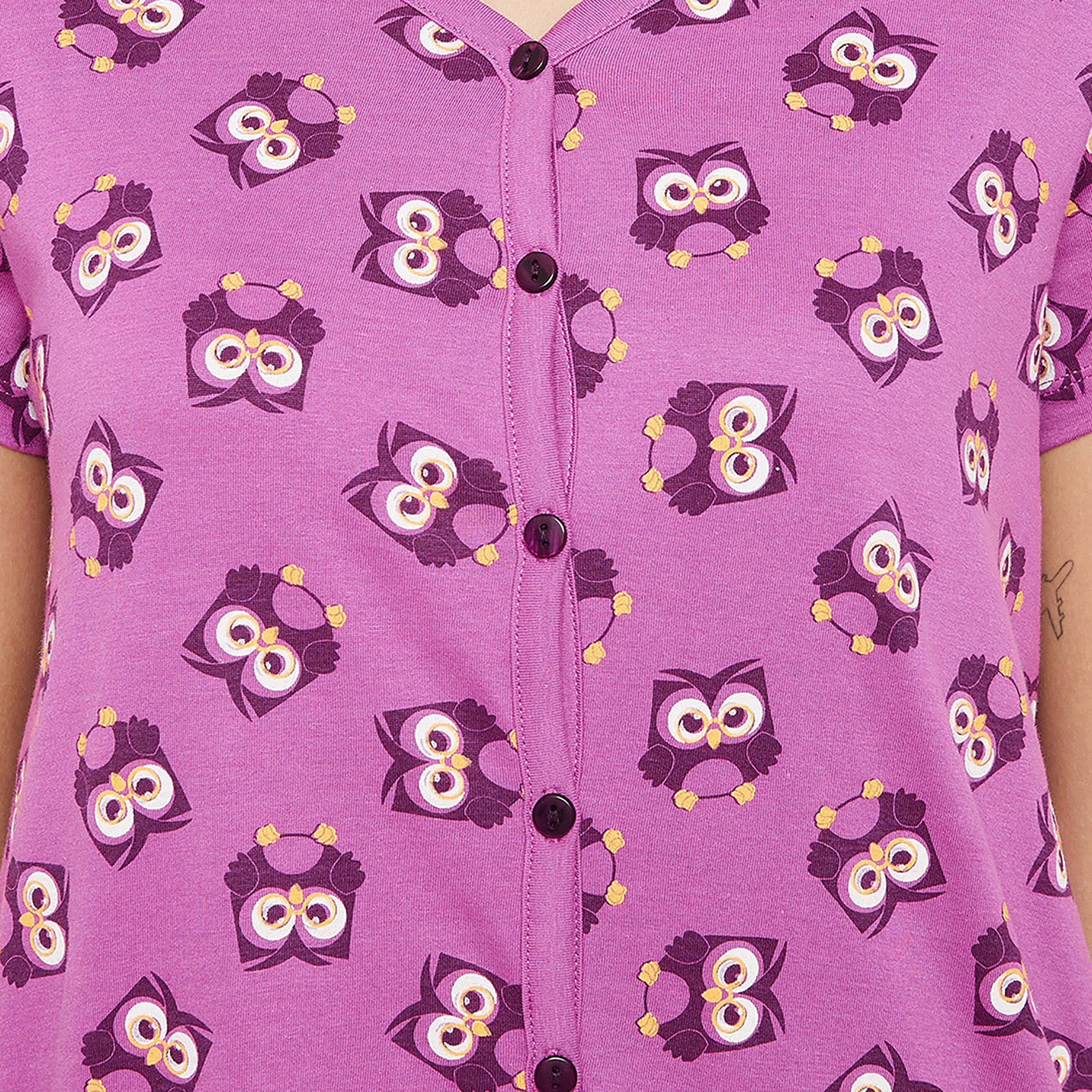 Clovia Owl Print Button Me Up Short Women's Nightdress in Purple - Pure Cotton-women-clothing-nightwear-nighties-image-7