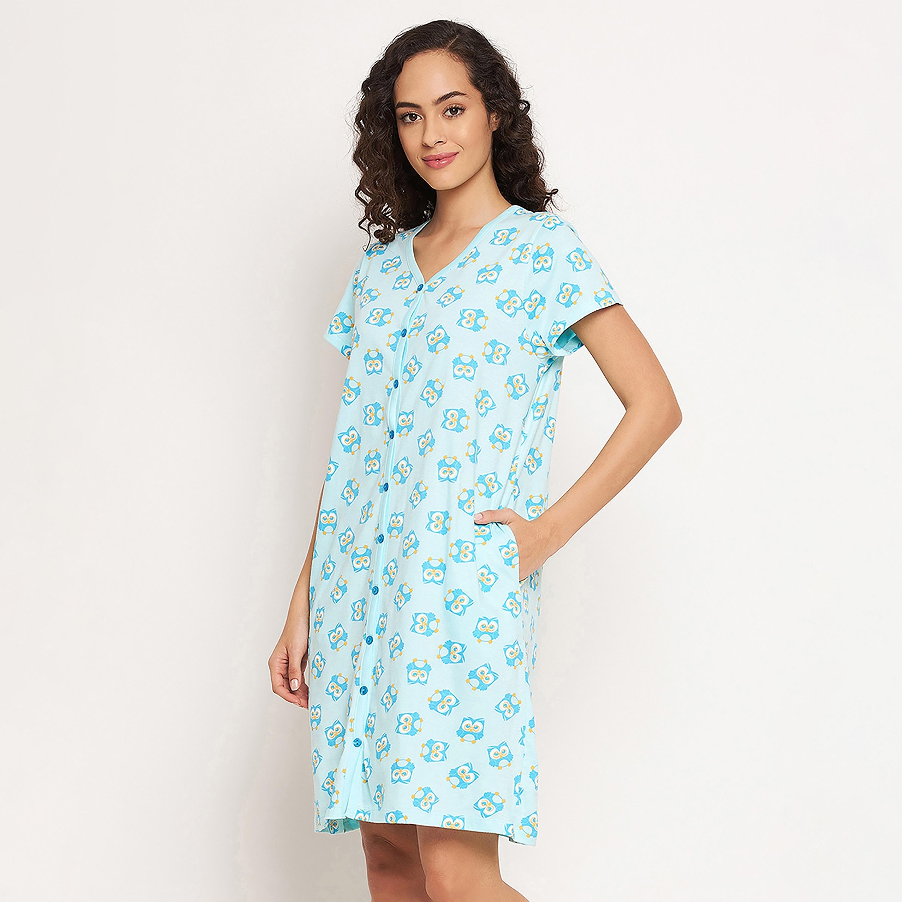 قميص نوم نسائي قصير بطبعة بومة وأزرار باللون الأزرق السماوي من كلوفيا - قطن خالص-women-clothing-nightwear-nighties-image-3