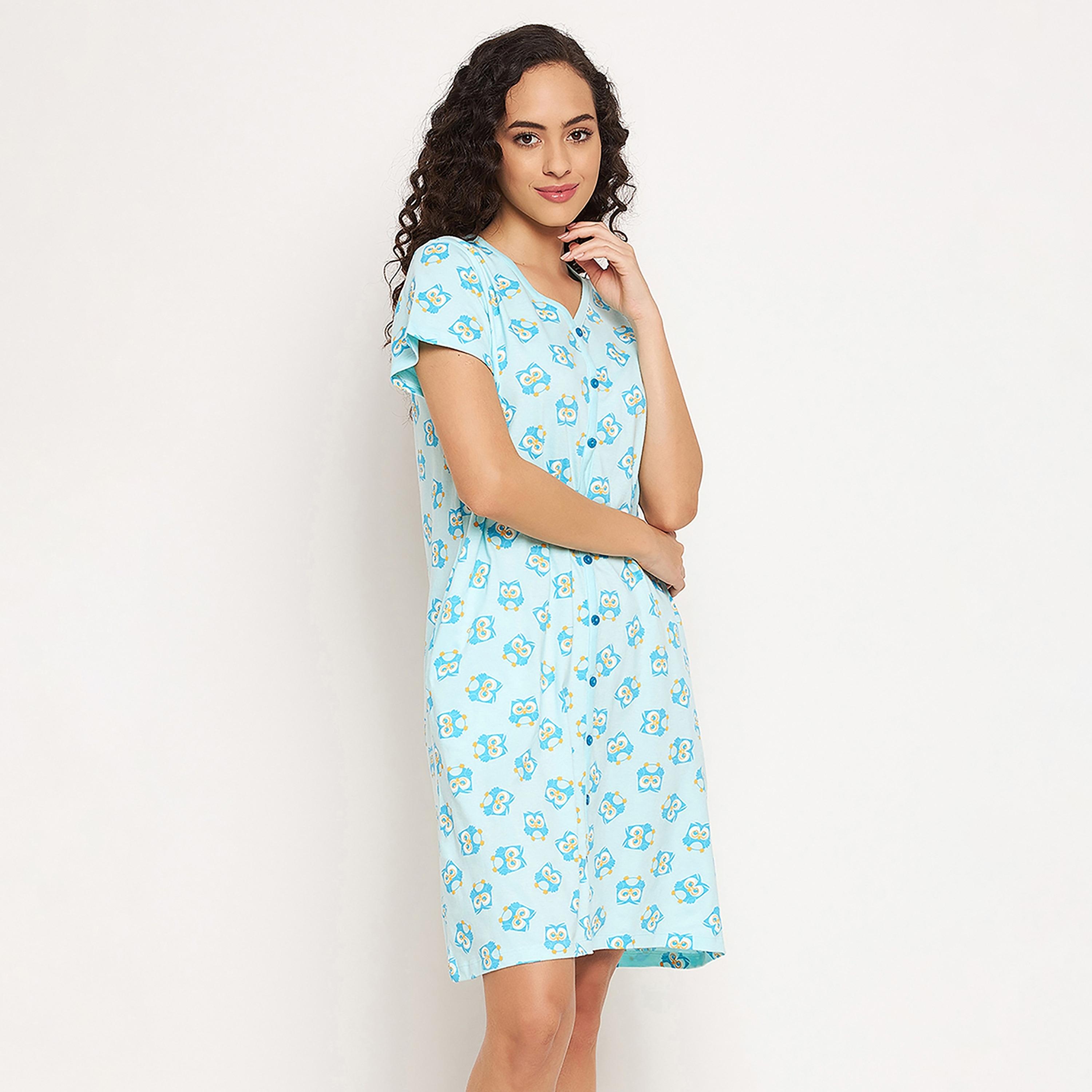 قميص نوم نسائي قصير بطبعة بومة وأزرار باللون الأزرق السماوي من كلوفيا - قطن خالص-women-clothing-nightwear-nighties-image-4