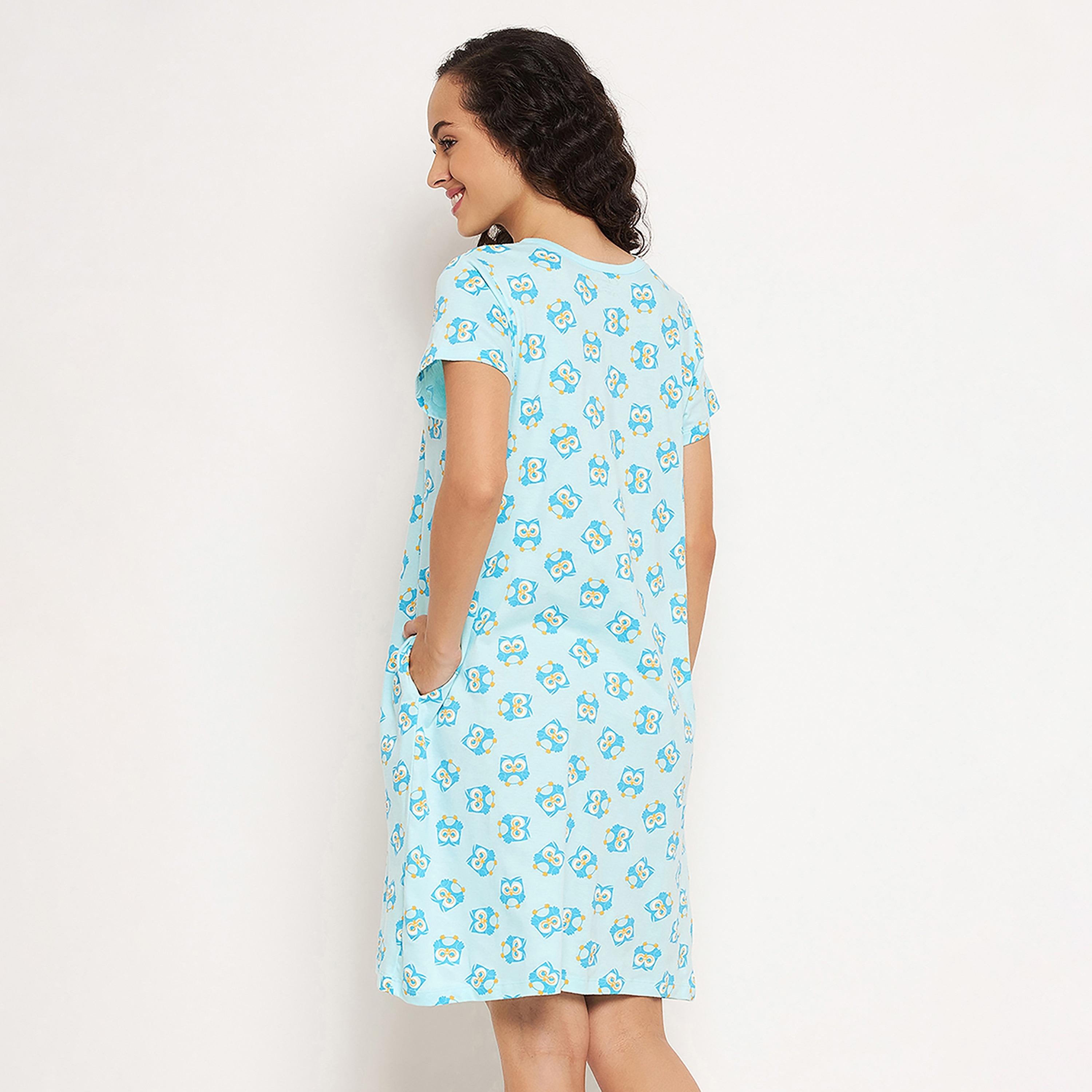 قميص نوم نسائي قصير بطبعة بومة وأزرار باللون الأزرق السماوي من كلوفيا - قطن خالص-women-clothing-nightwear-nighties-image-5