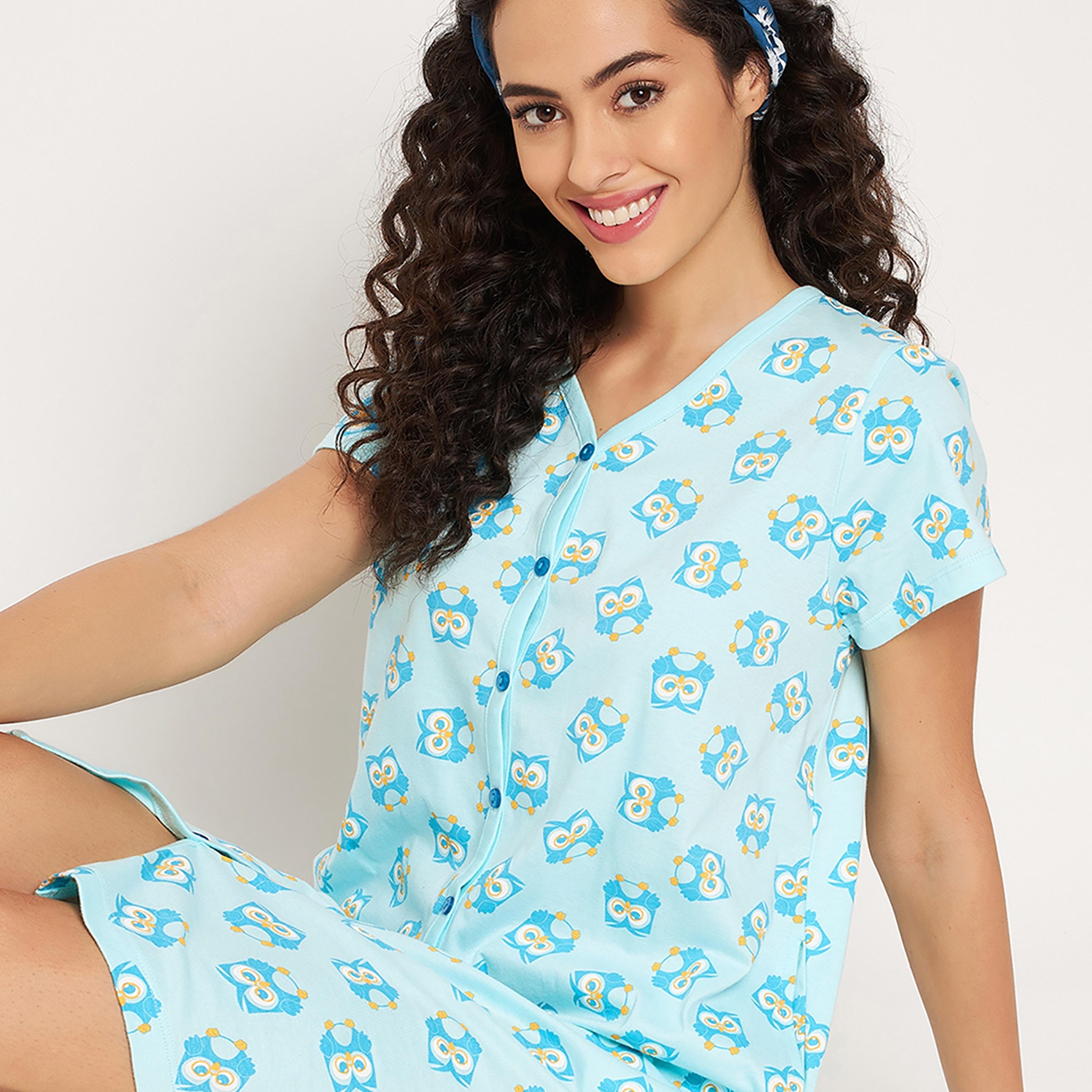 قميص نوم نسائي قصير بطبعة بومة وأزرار باللون الأزرق السماوي من كلوفيا - قطن خالص-women-clothing-nightwear-nighties-image-7