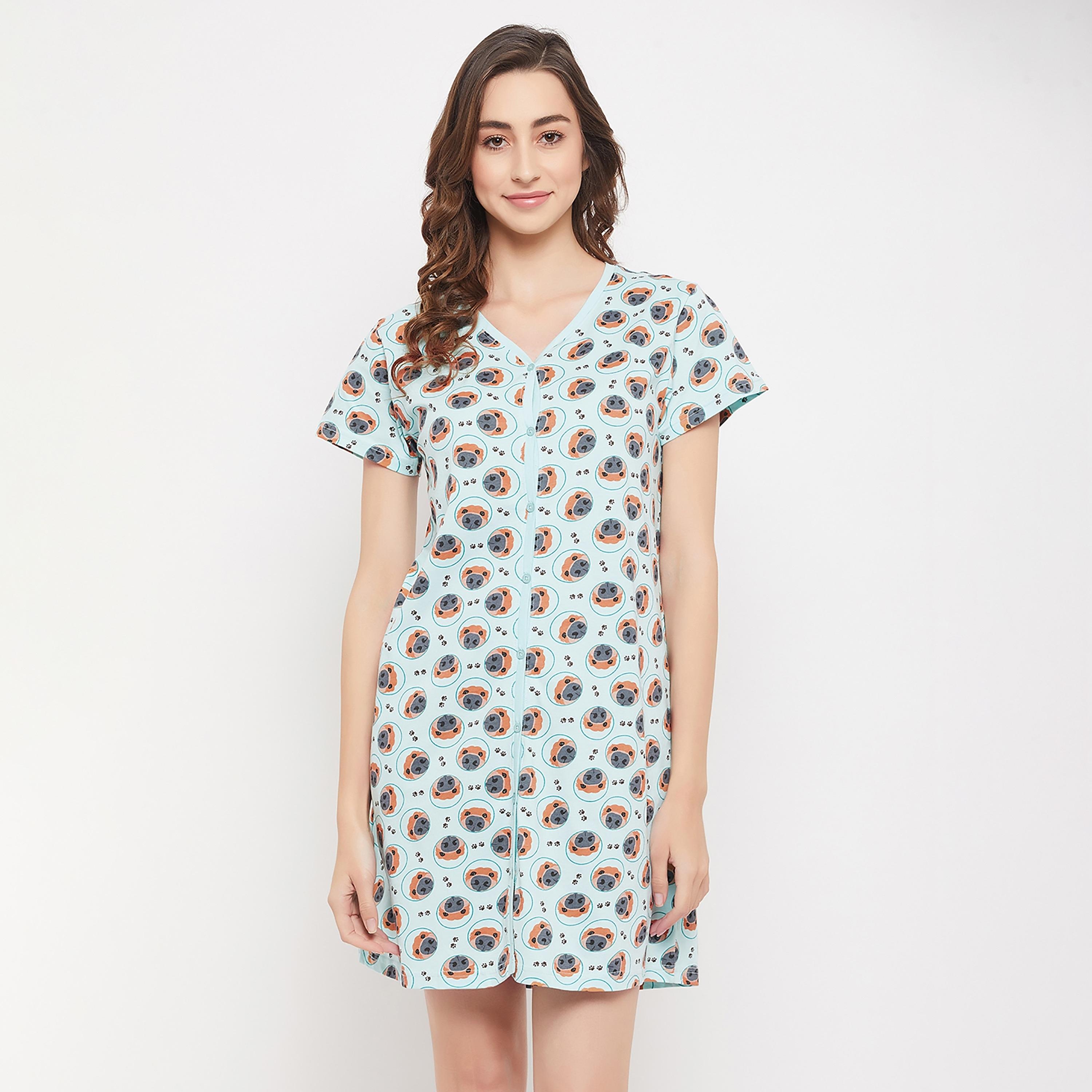 Clovia Printed V-Neck Night Dress with Button Closure-women-clothing-nightwear-nighties-image-2