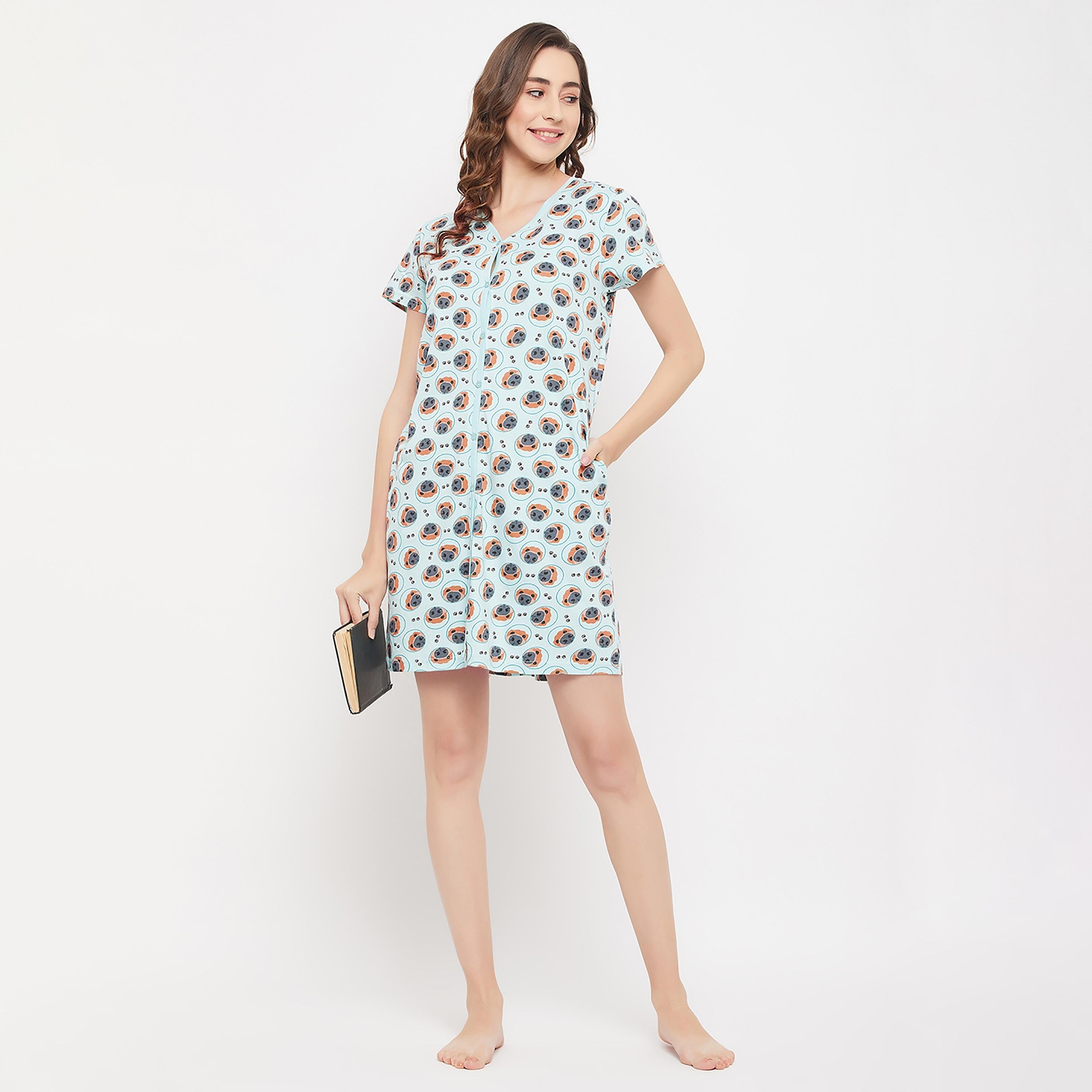 Clovia Printed V-Neck Night Dress with Button Closure-women-clothing-nightwear-nighties-image-3