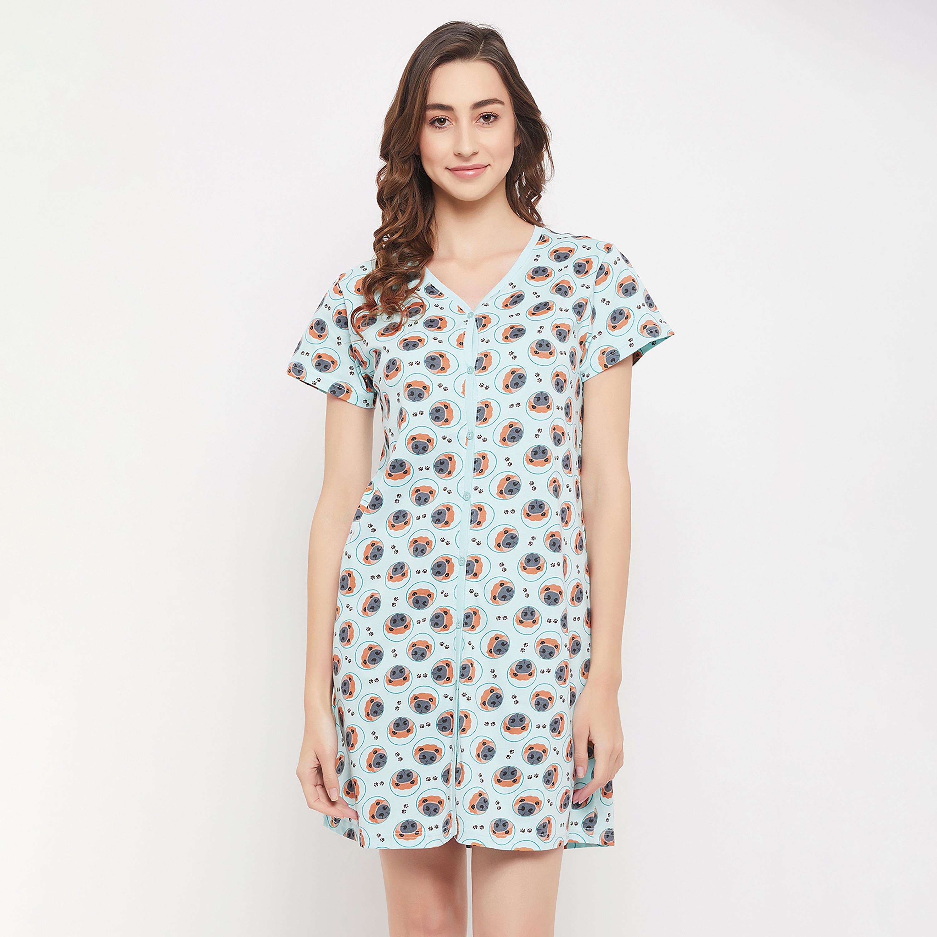Clovia Printed V-Neck Night Dress with Button Closure-women-clothing-nightwear-nighties-image-1