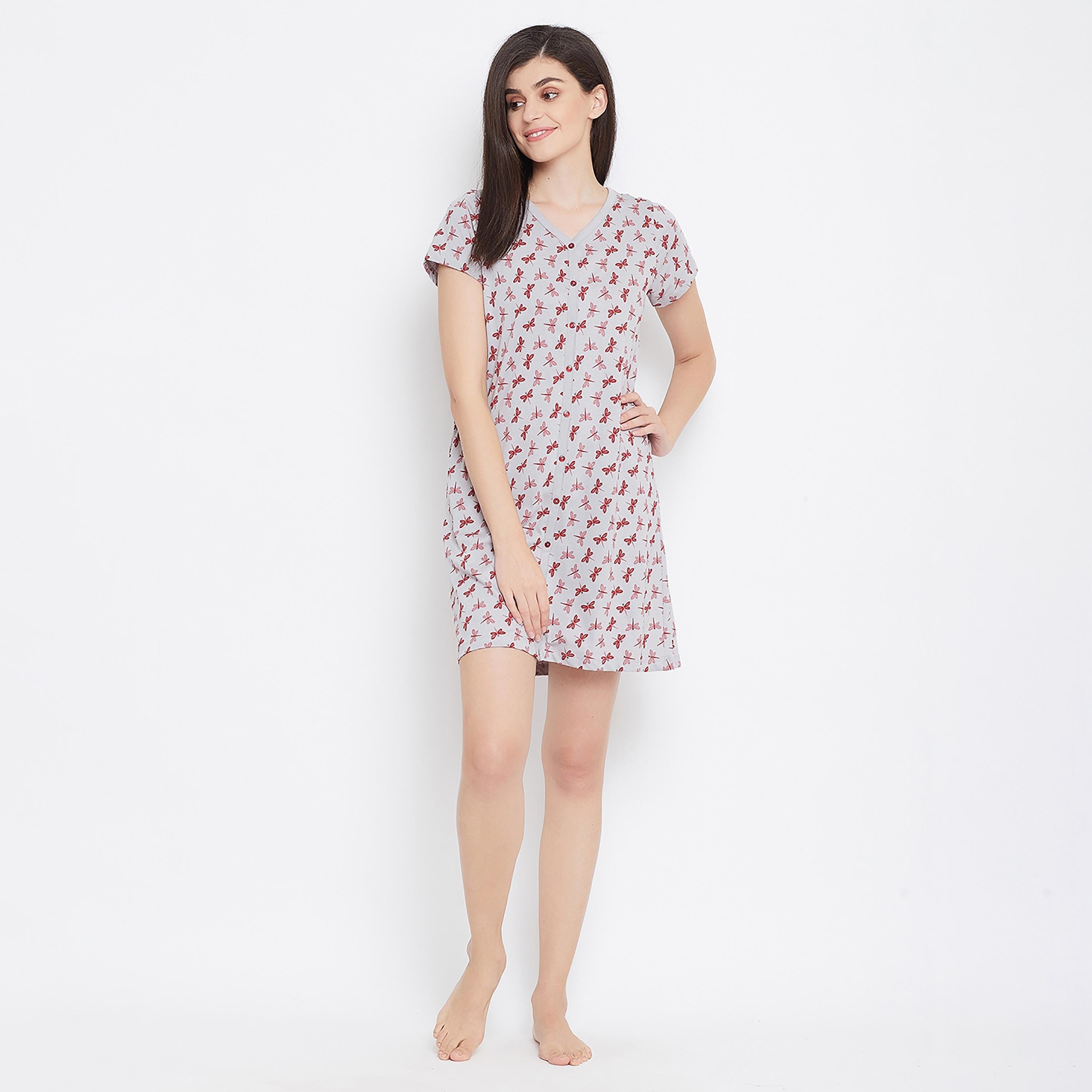 Clovia Printed V-Neck Night Dress with Button Closure-women-clothing-nightwear-nighties-image-3