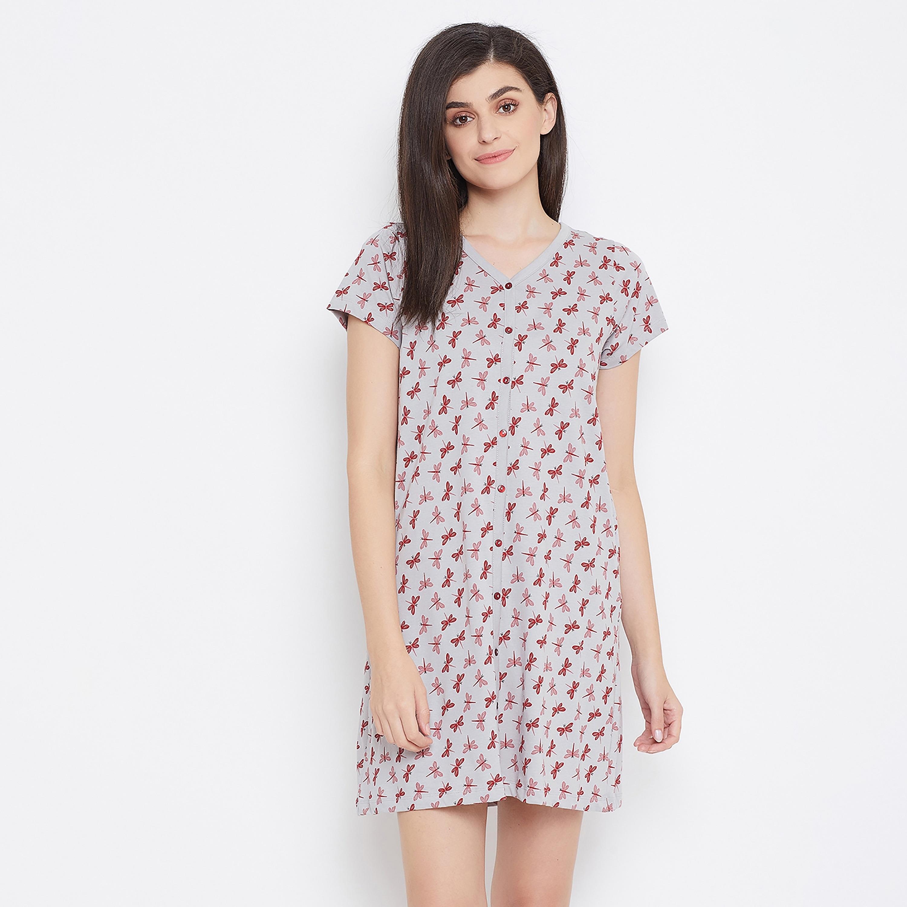 Clovia Printed V-Neck Night Dress with Button Closure-women-clothing-nightwear-nighties-image-4