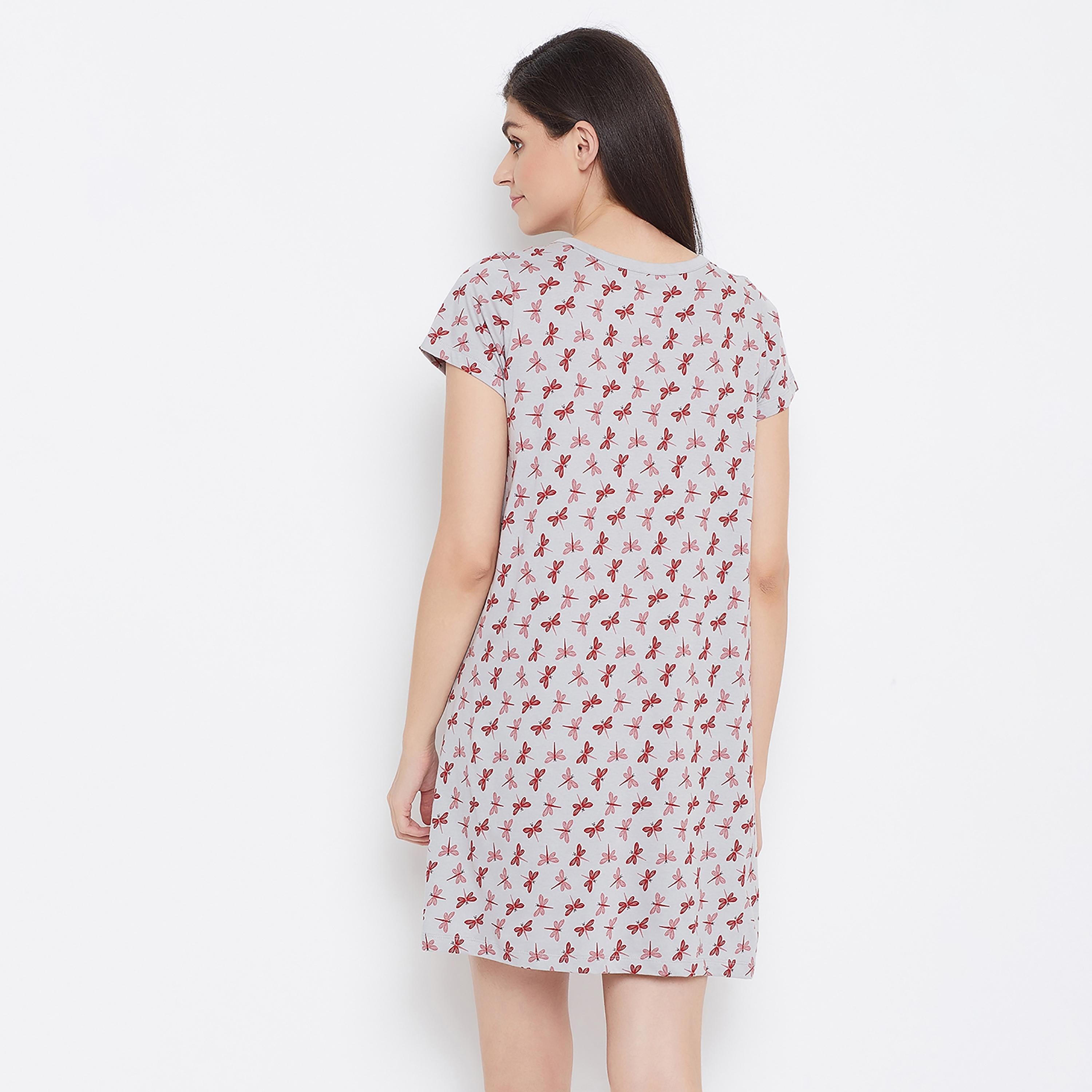 Clovia Printed V-Neck Night Dress with Button Closure-women-clothing-nightwear-nighties-image-5