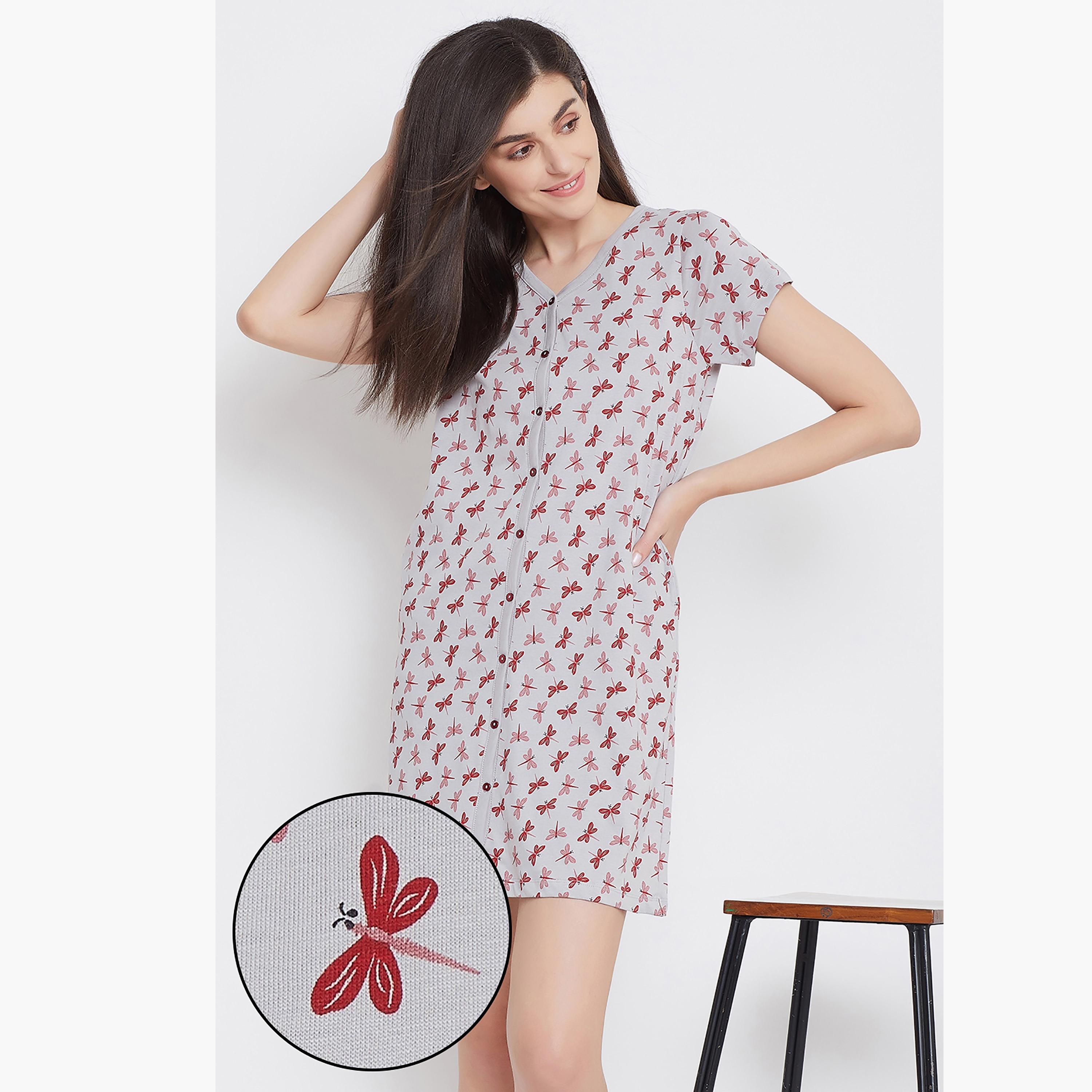 Clovia Printed V-Neck Night Dress with Button Closure-women-clothing-nightwear-nighties-image-1