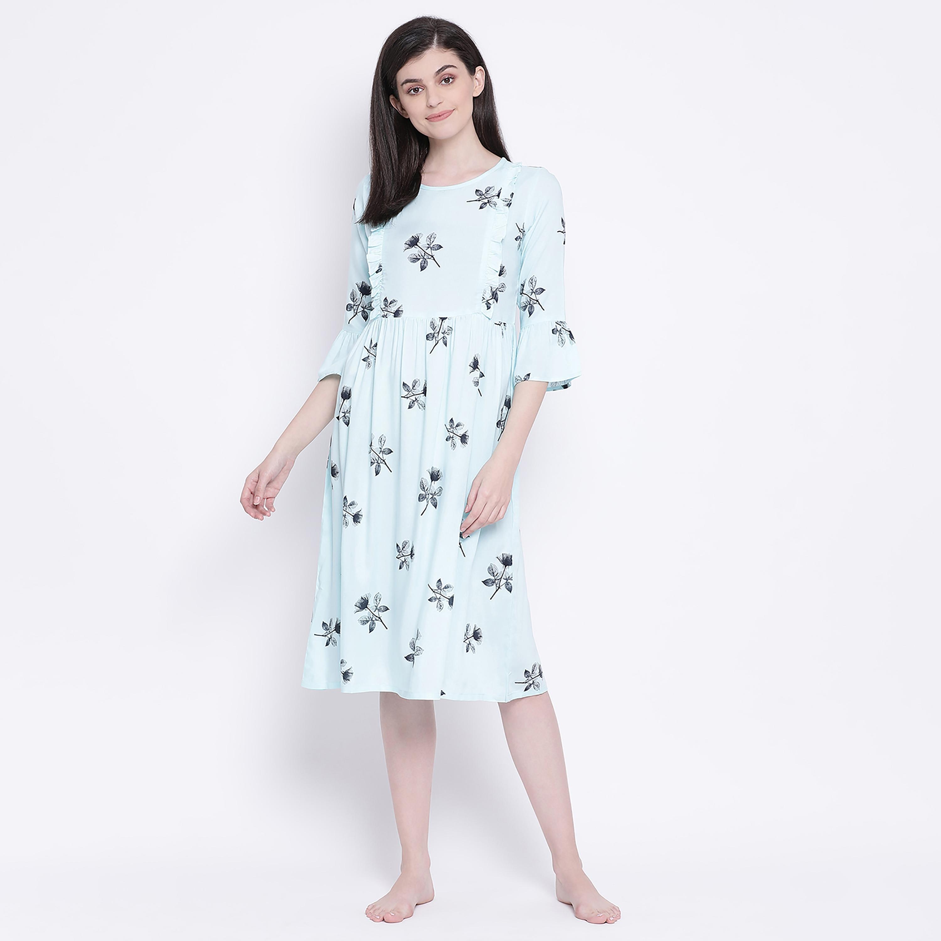 Clovia Floral Round Neck Midi Feeding Night Dress-women-clothing-maternity-nightwear-image-2