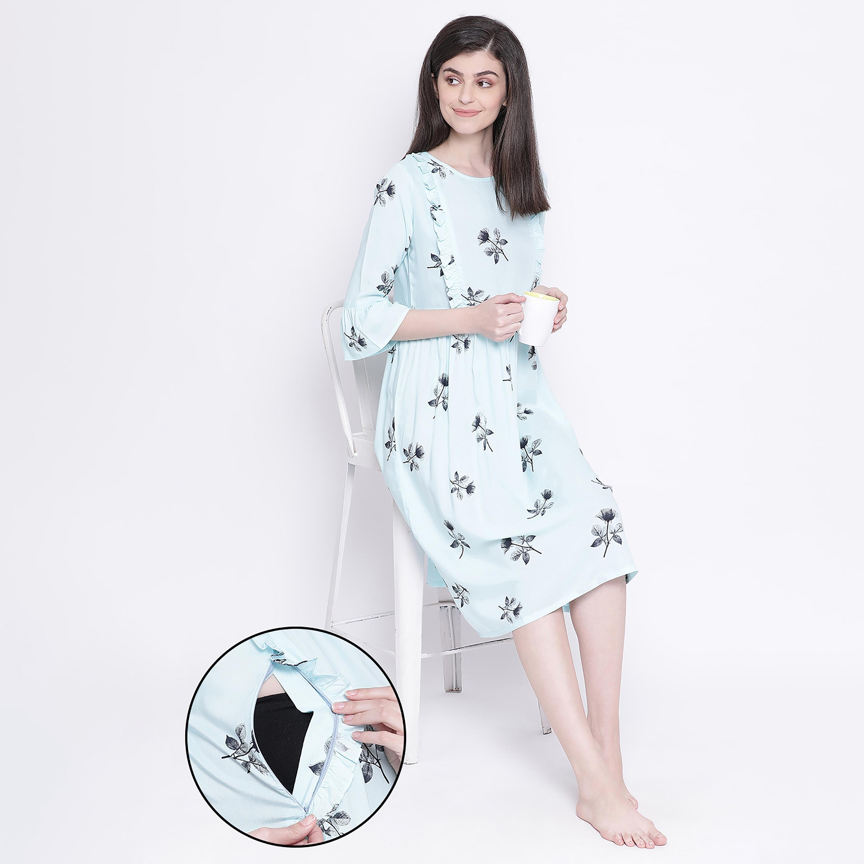 فستان نوم متوسط الطول للرضاعة برقبة دائرية وزھور من كلوفيا-women-clothing-maternity-nightwear-image-1