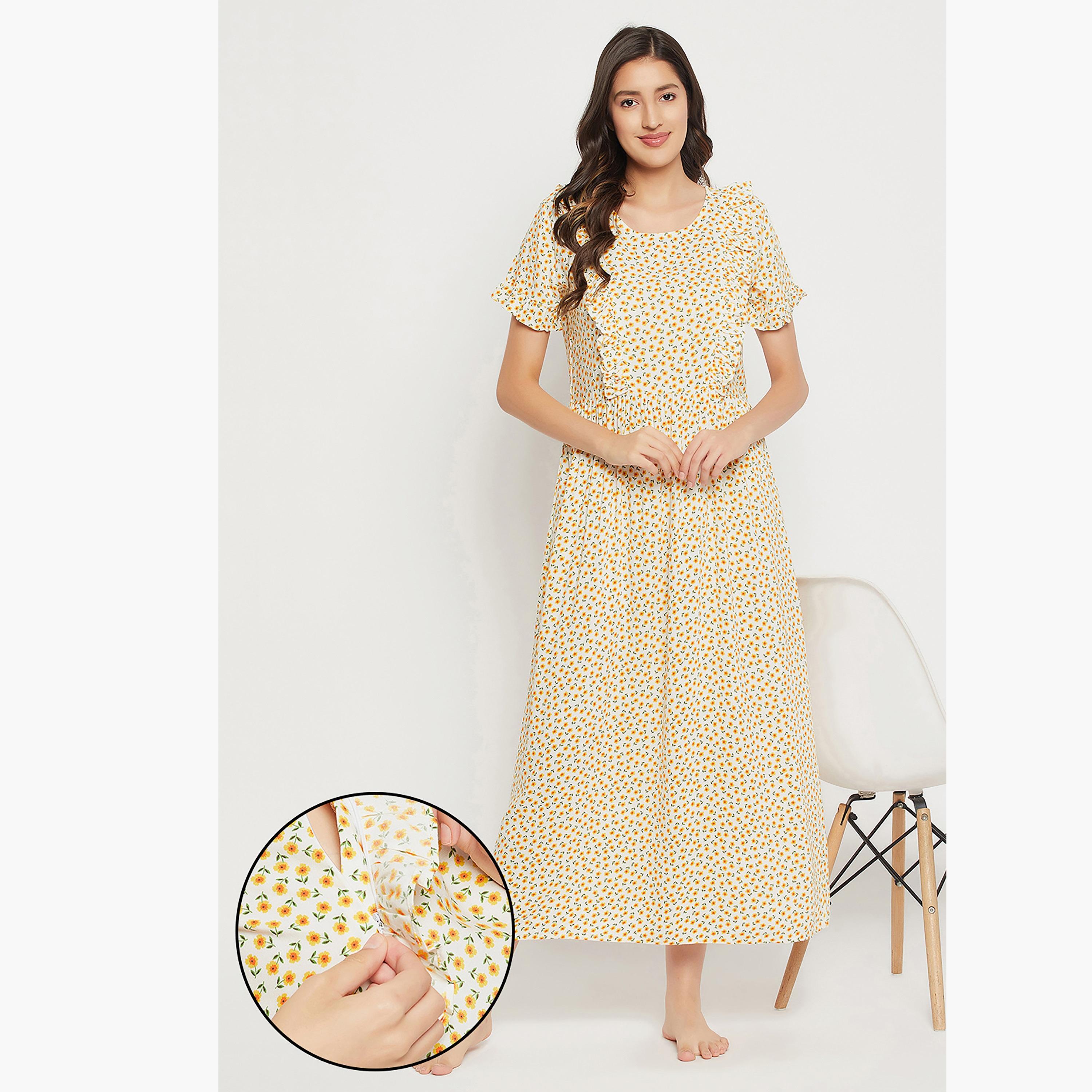 فستان نوم طويل للرضاعة برقبة دائرية وزھور من كلوفيا-women-clothing-maternity-nightwear-image-1