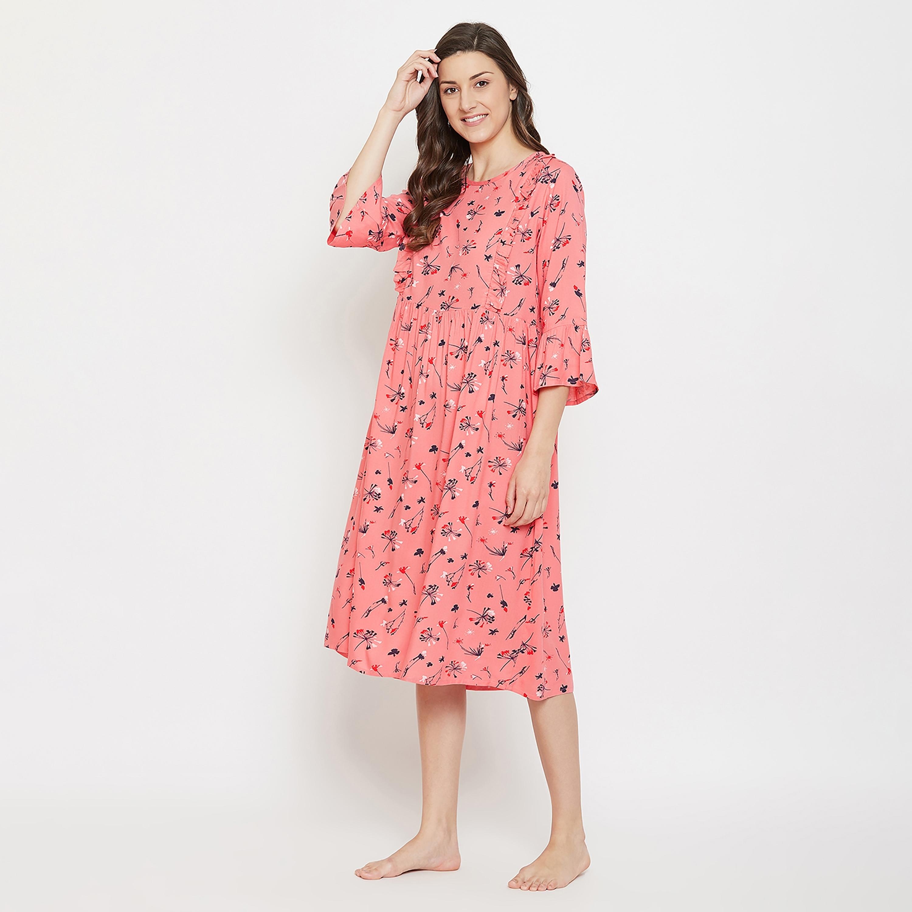 Clovia Floral Round Neck Midi Feeding Night Dress-women-clothing-maternity-nightwear-image-4