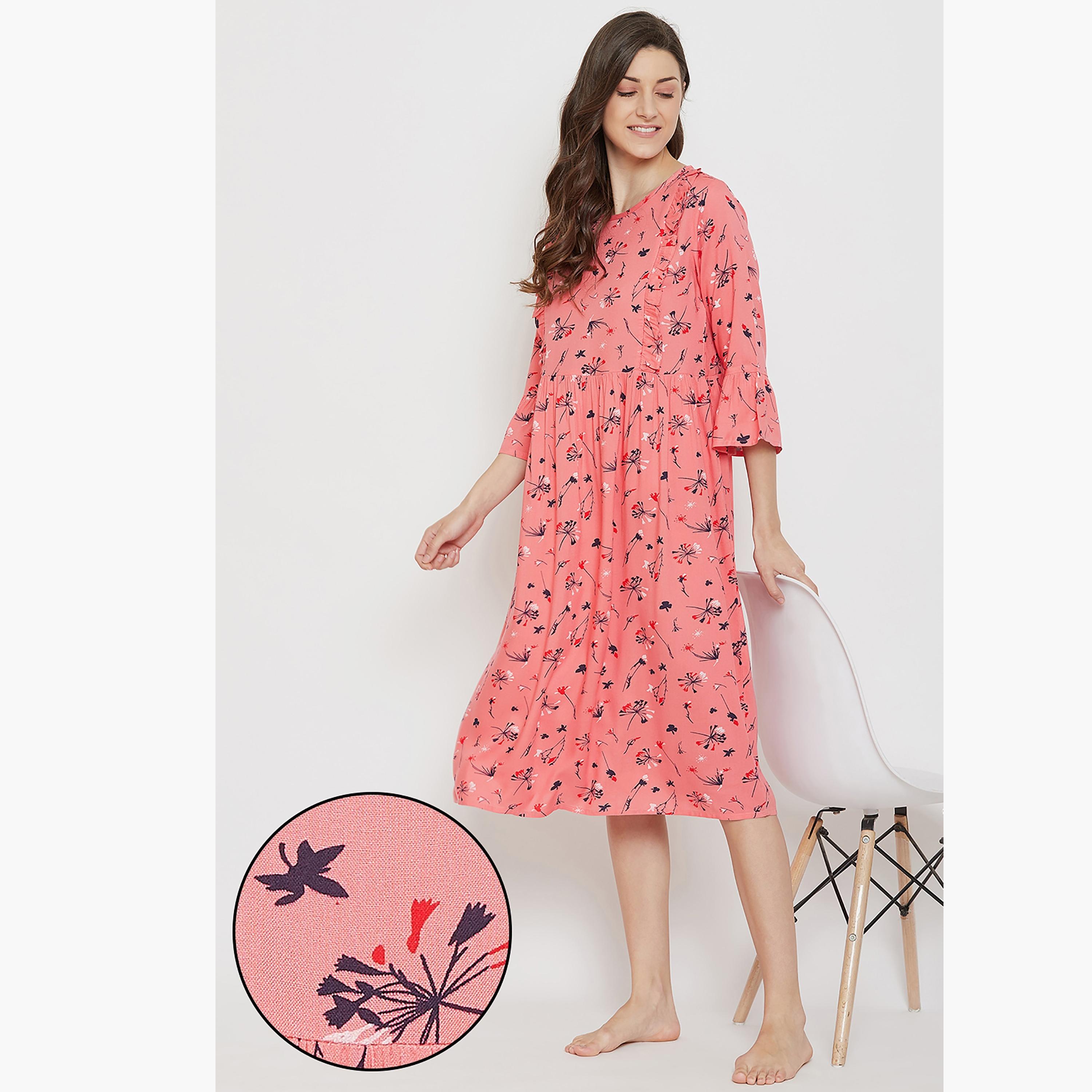 Clovia Floral Round Neck Midi Feeding Night Dress-women-clothing-maternity-nightwear-image-1