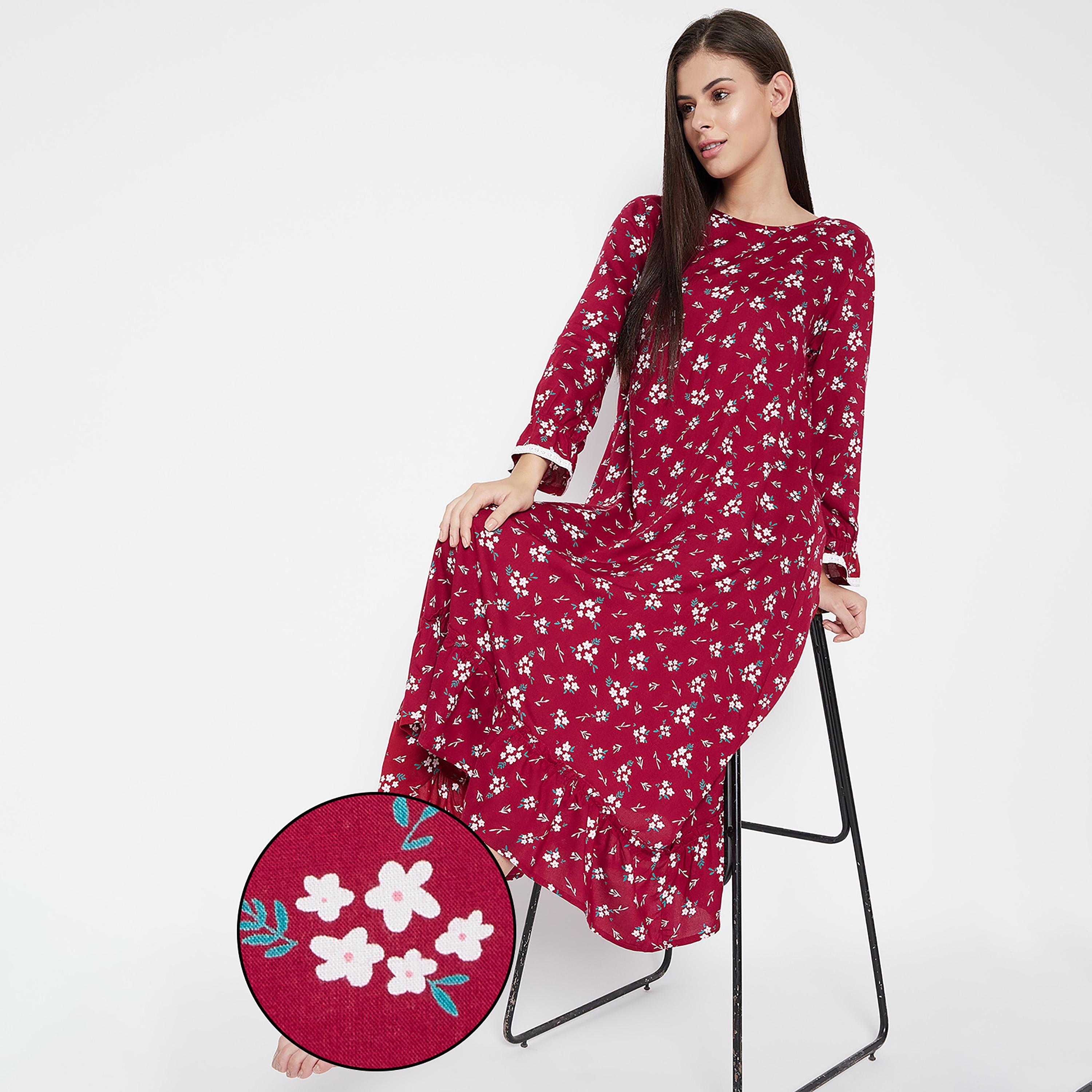 Clovia Floral Round Neck Midi Night Dress-women-clothing-nightwear-nighties-image-1