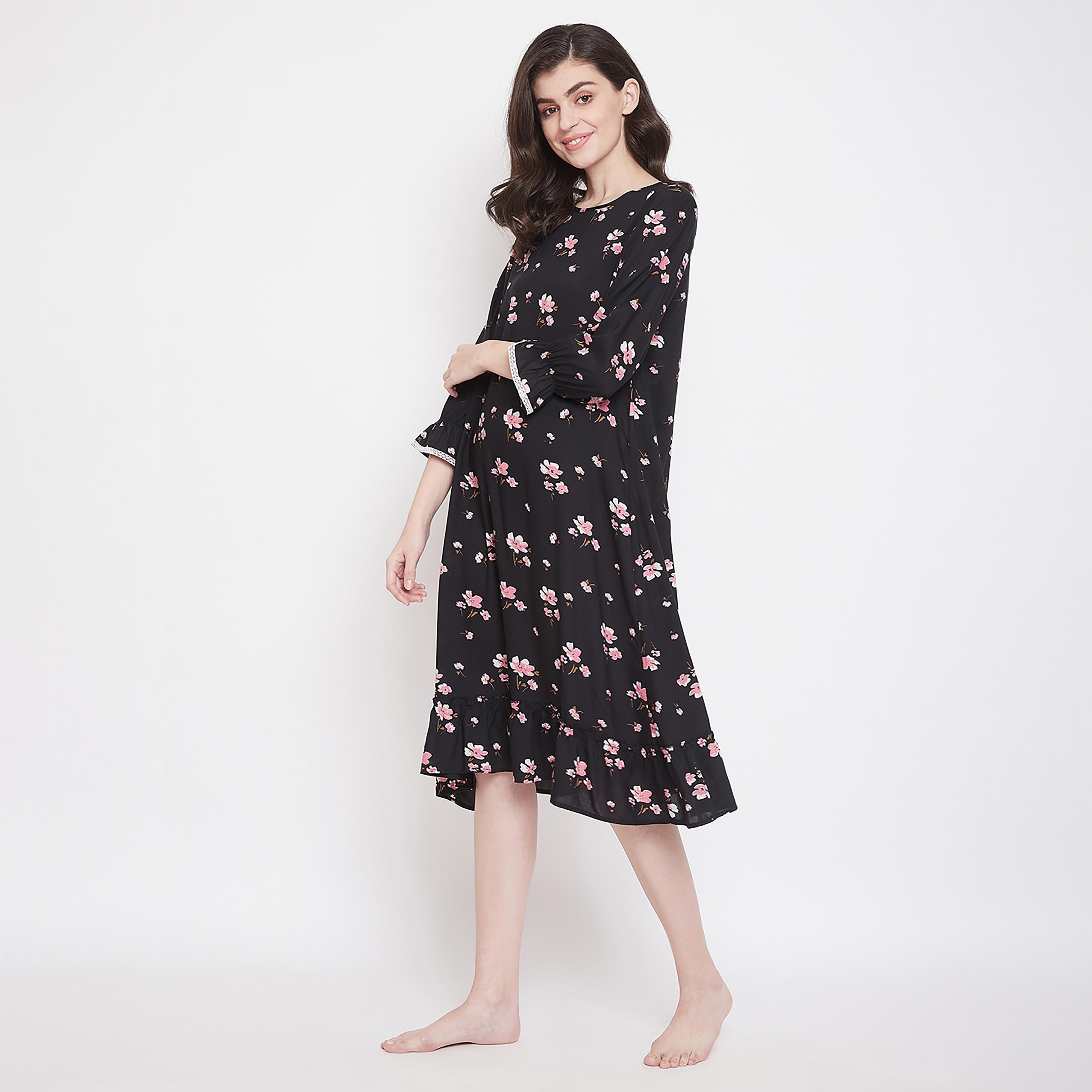 Clovia Floral Round Neck Midi Night Dress-women-clothing-nightwear-nighties-image-4