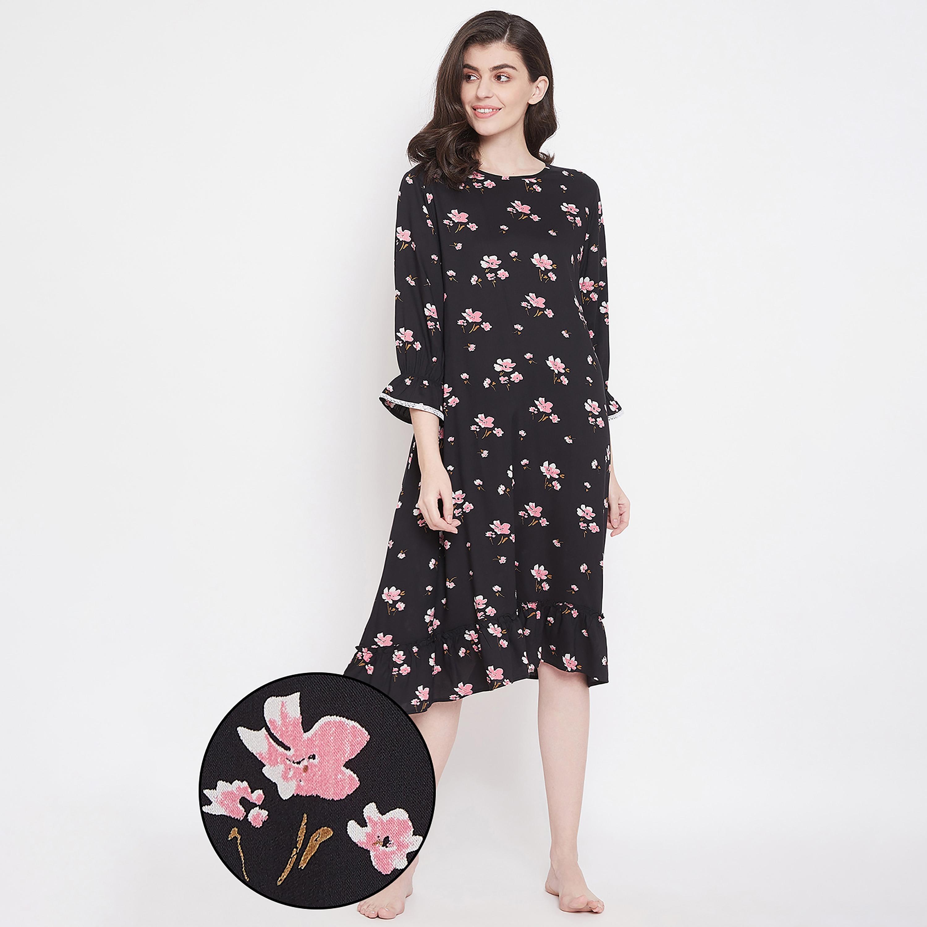 Clovia Floral Round Neck Midi Night Dress-women-clothing-nightwear-nighties-image-1