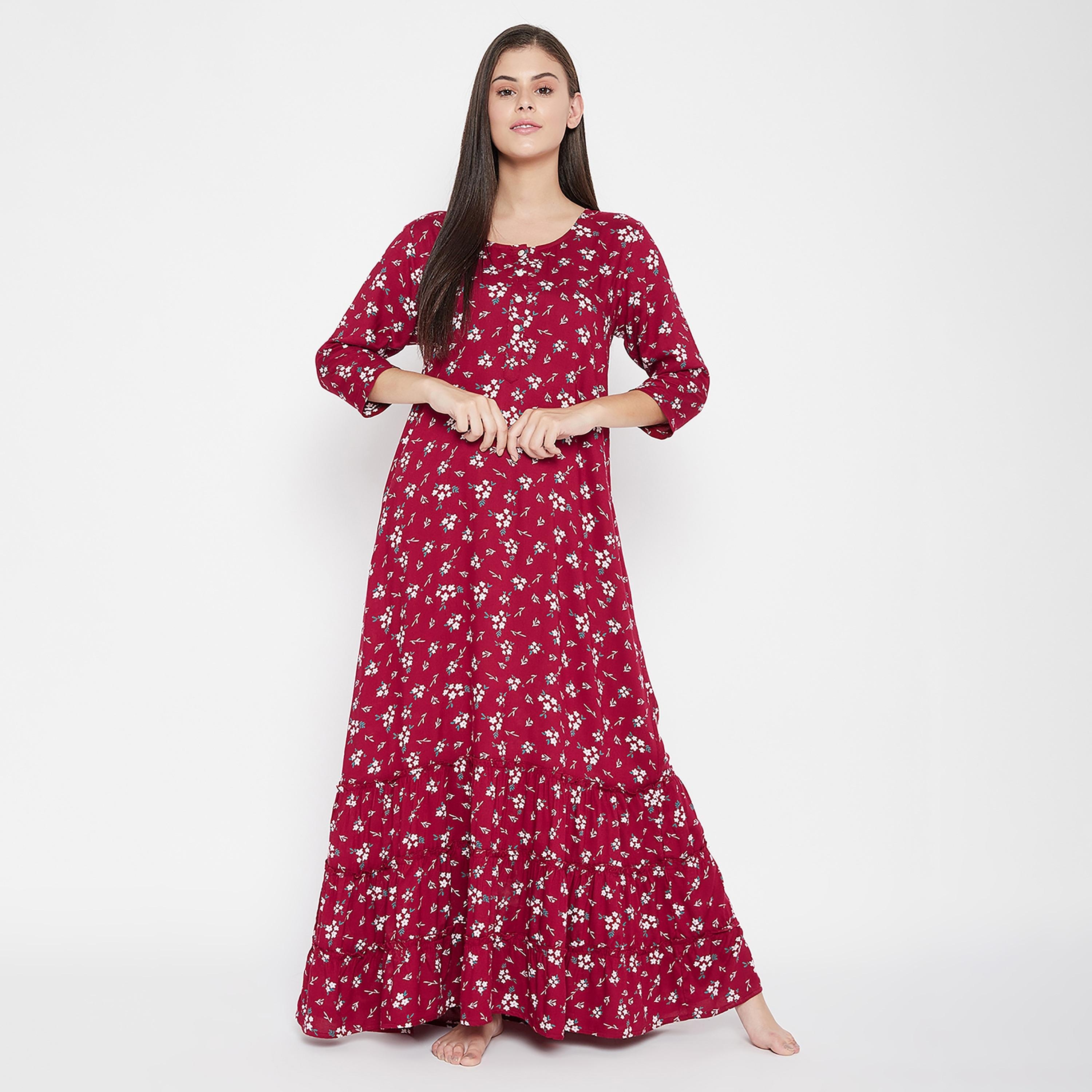 Clovia Floral Round Neck Long Night Dress-women-clothing-nightwear-nighties-image-2