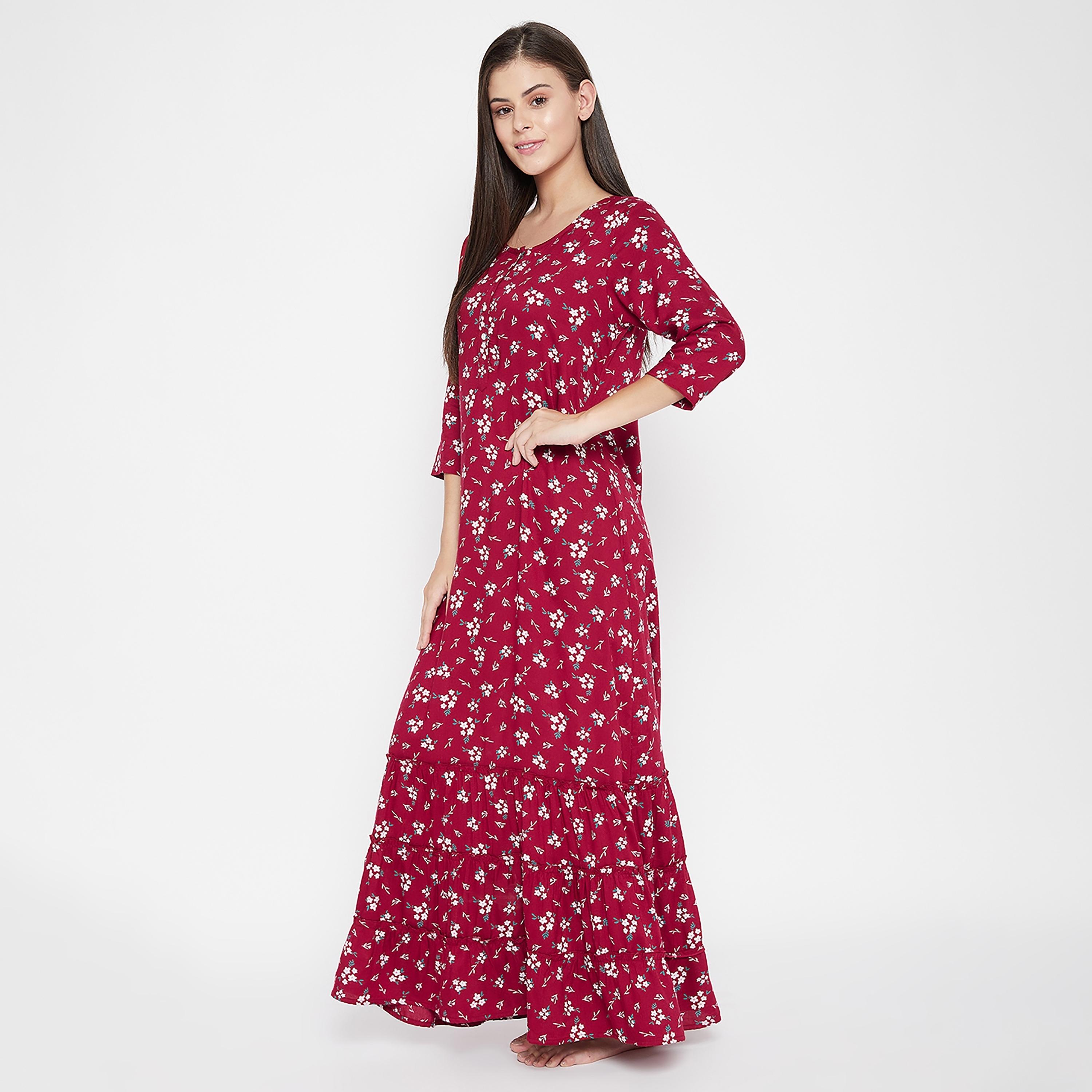 Clovia Floral Round Neck Long Night Dress-women-clothing-nightwear-nighties-image-3