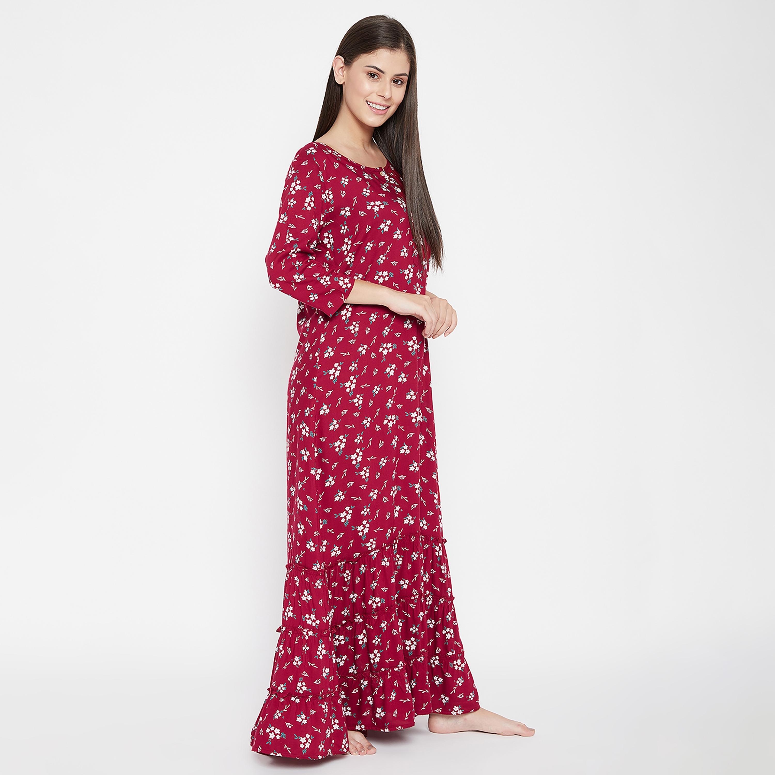 Clovia Floral Round Neck Long Night Dress-women-clothing-nightwear-nighties-image-4