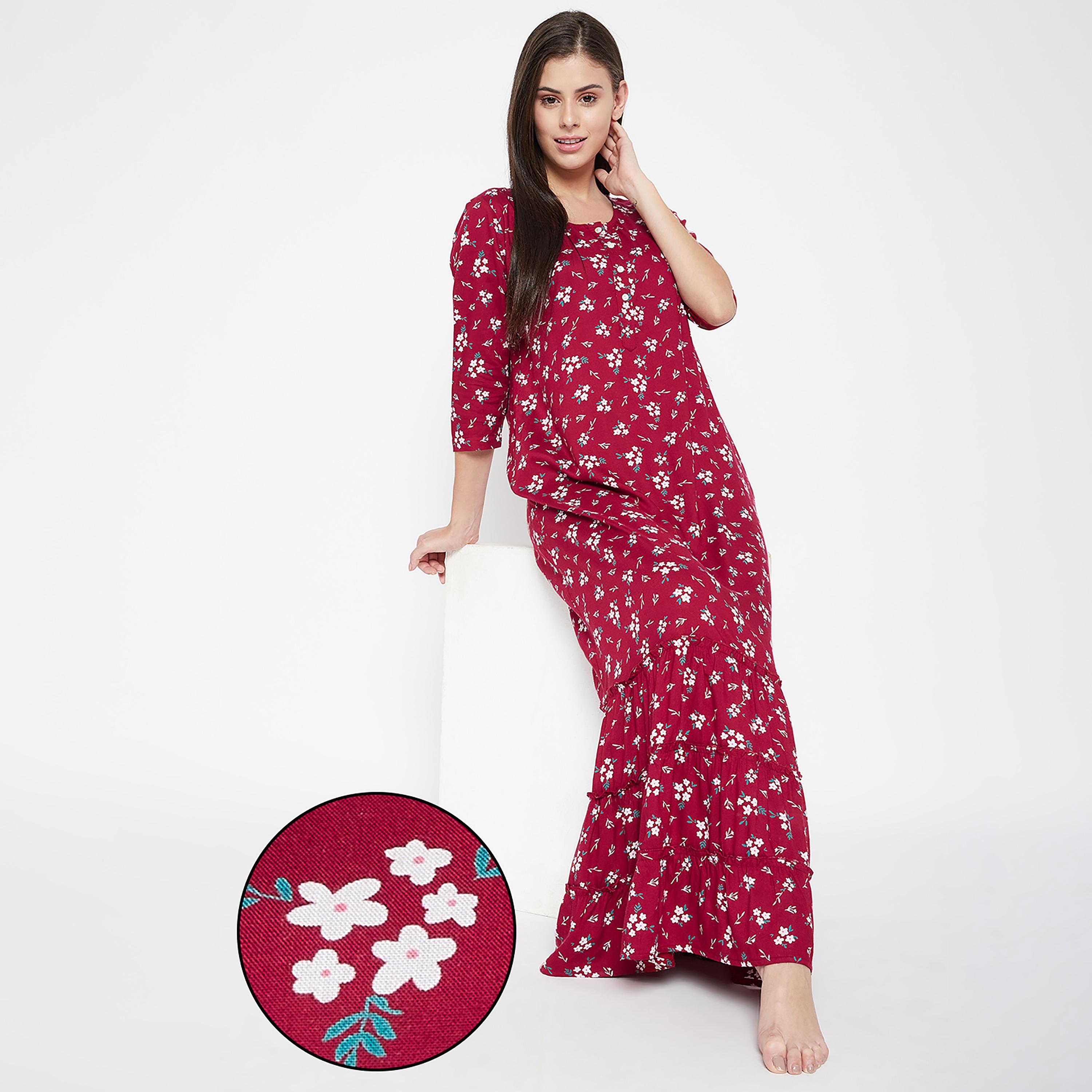 Clovia Floral Round Neck Long Night Dress-women-clothing-nightwear-nighties-image-1