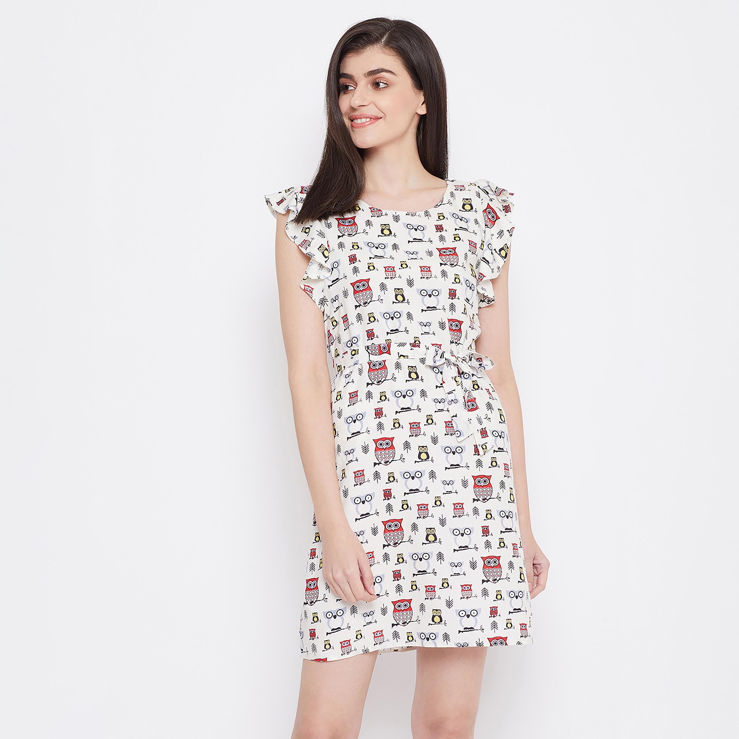 Clovia Printed Round Neck Night Dress with Tie Belt-women-clothing-nightwear-nighties-image-2