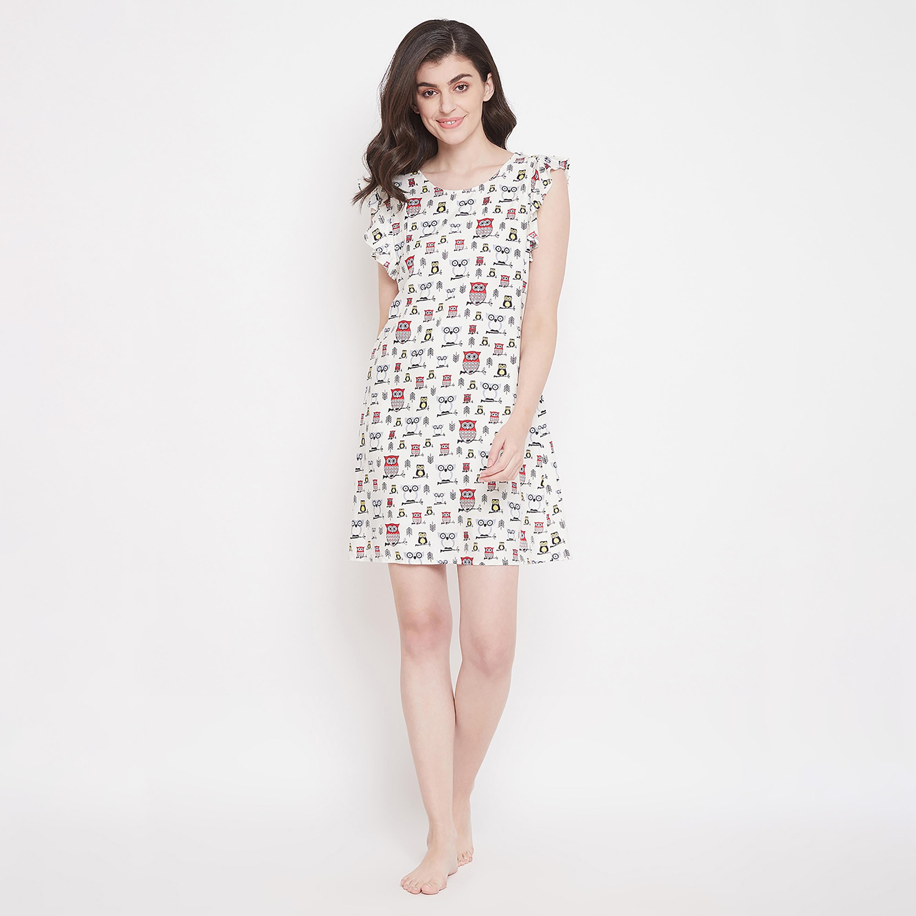 Clovia Printed Round Neck Night Dress with Tie Belt-women-clothing-nightwear-nighties-image-3