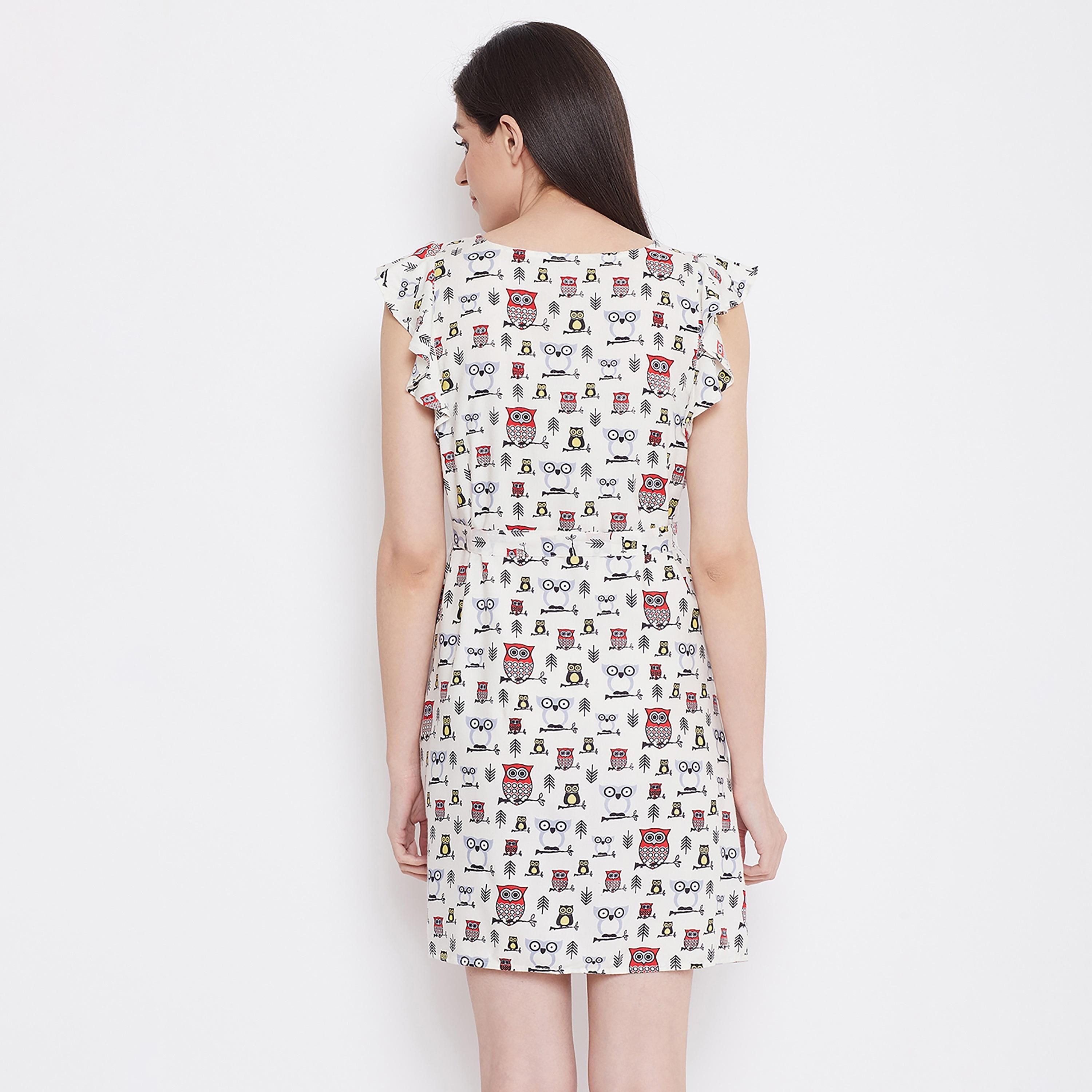 Clovia Printed Round Neck Night Dress with Tie Belt-women-clothing-nightwear-nighties-image-5