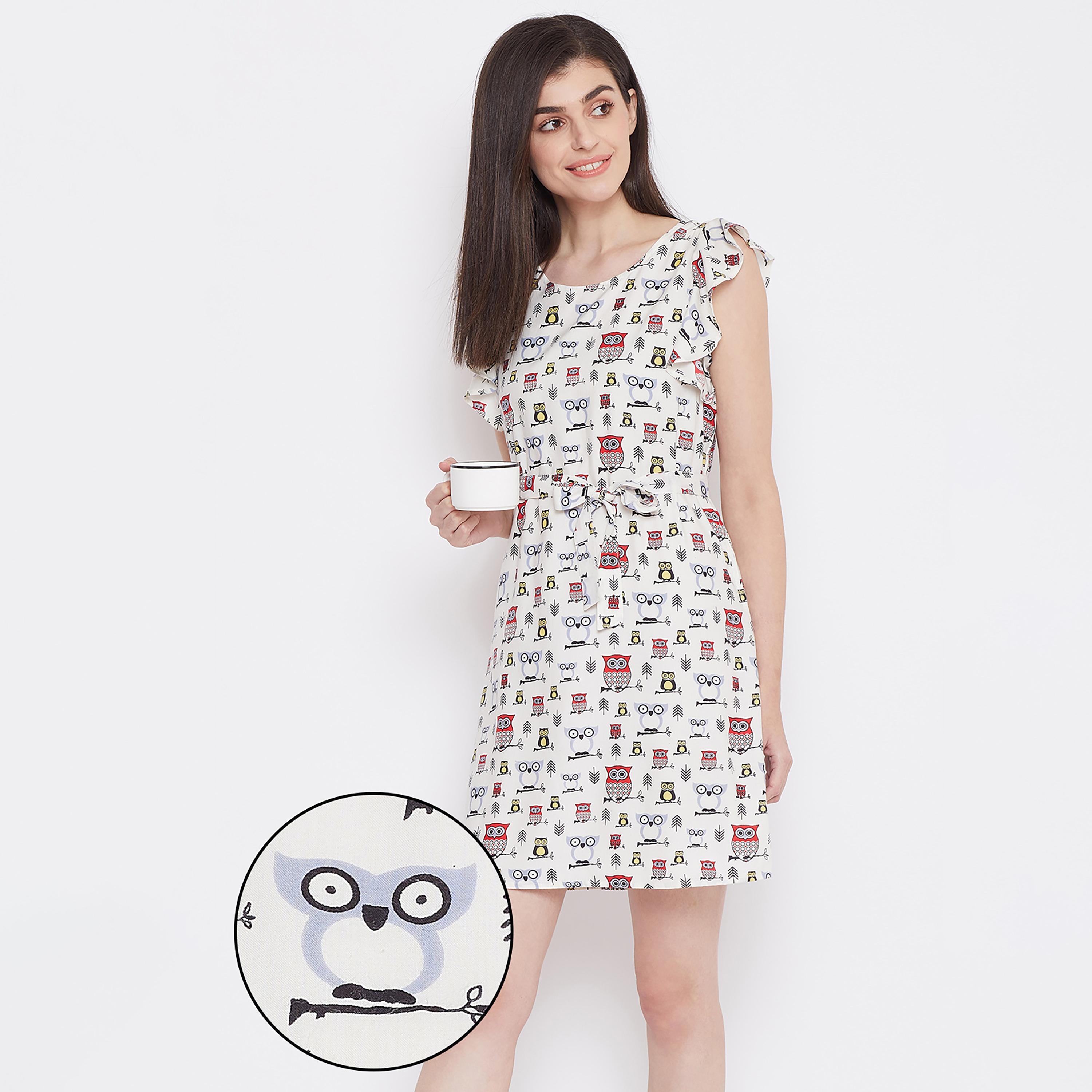 فستان نوم مطبوع برقبة مستديرة من Clovia مع حزام ربطة عنق-women-clothing-nightwear-nighties-image-1