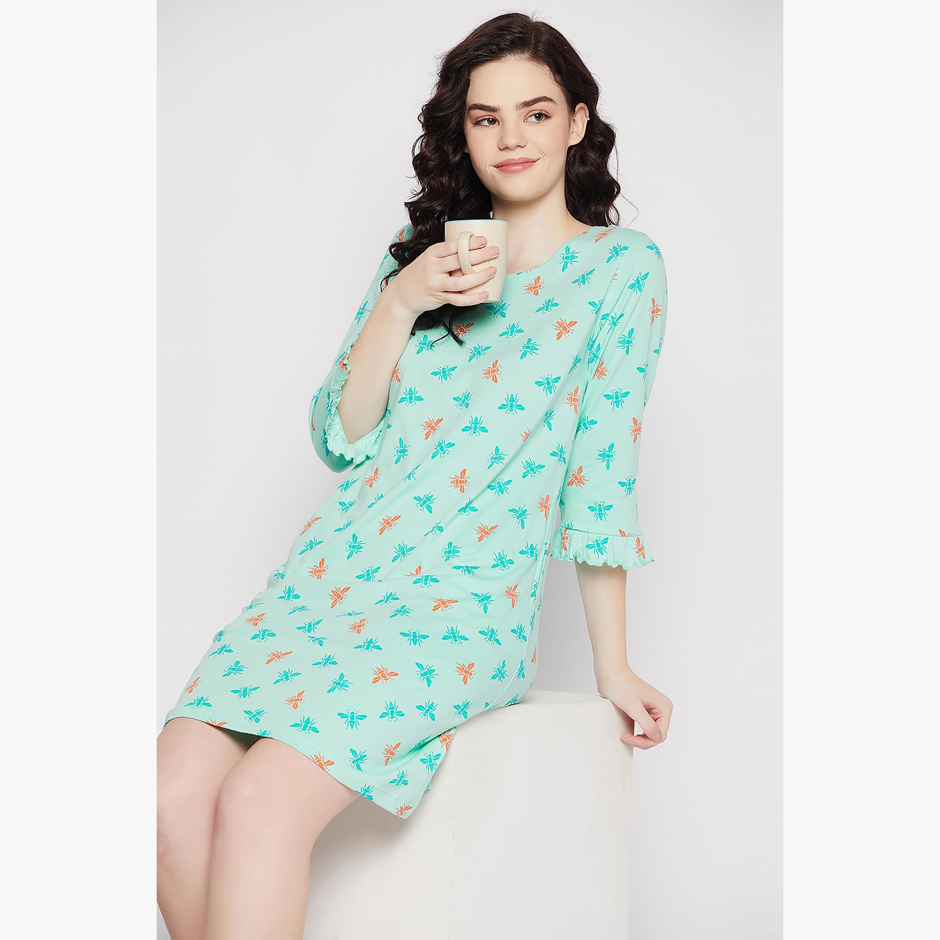 Clovia Printed Round Neck Night Dress-women-clothing-nightwear-nighties-image-1