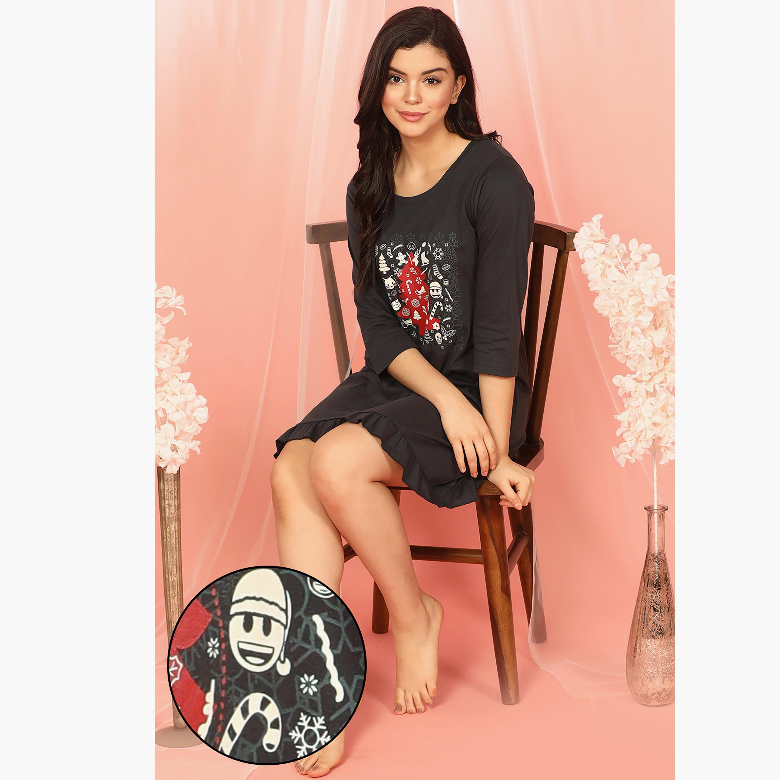 Clovia Graphic Round Neck Night Dress-women-clothing-nightwear-nighties-image-1