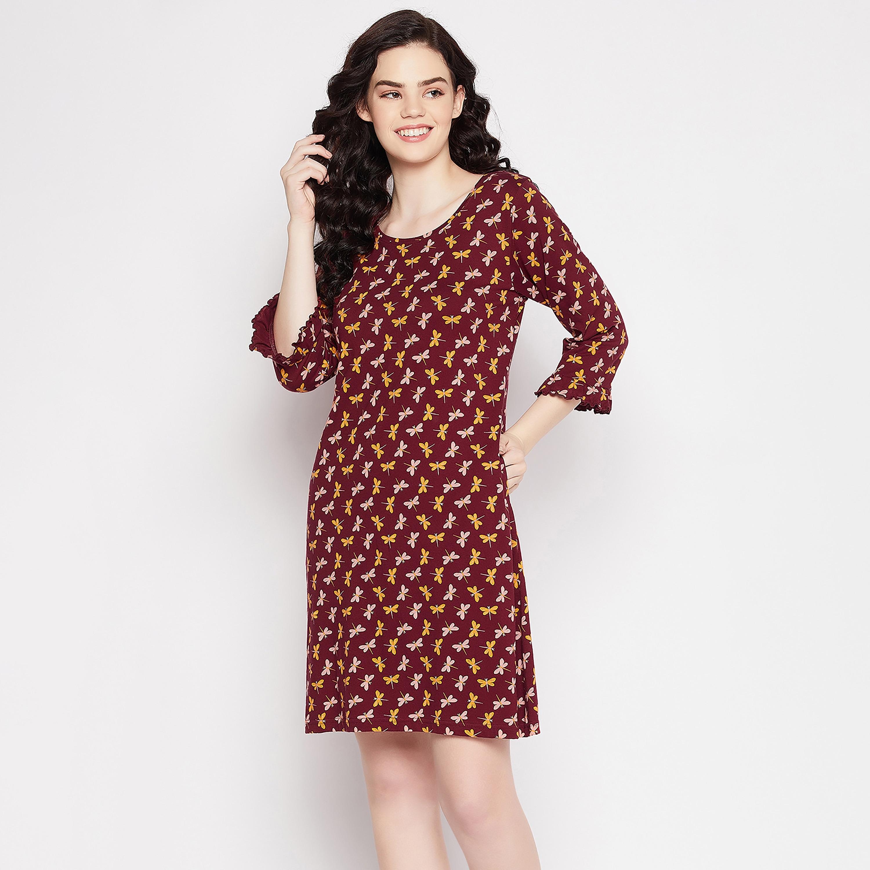 Clovia Printed Round Neck Night Dress-women-clothing-nightwear-nighties-image-2