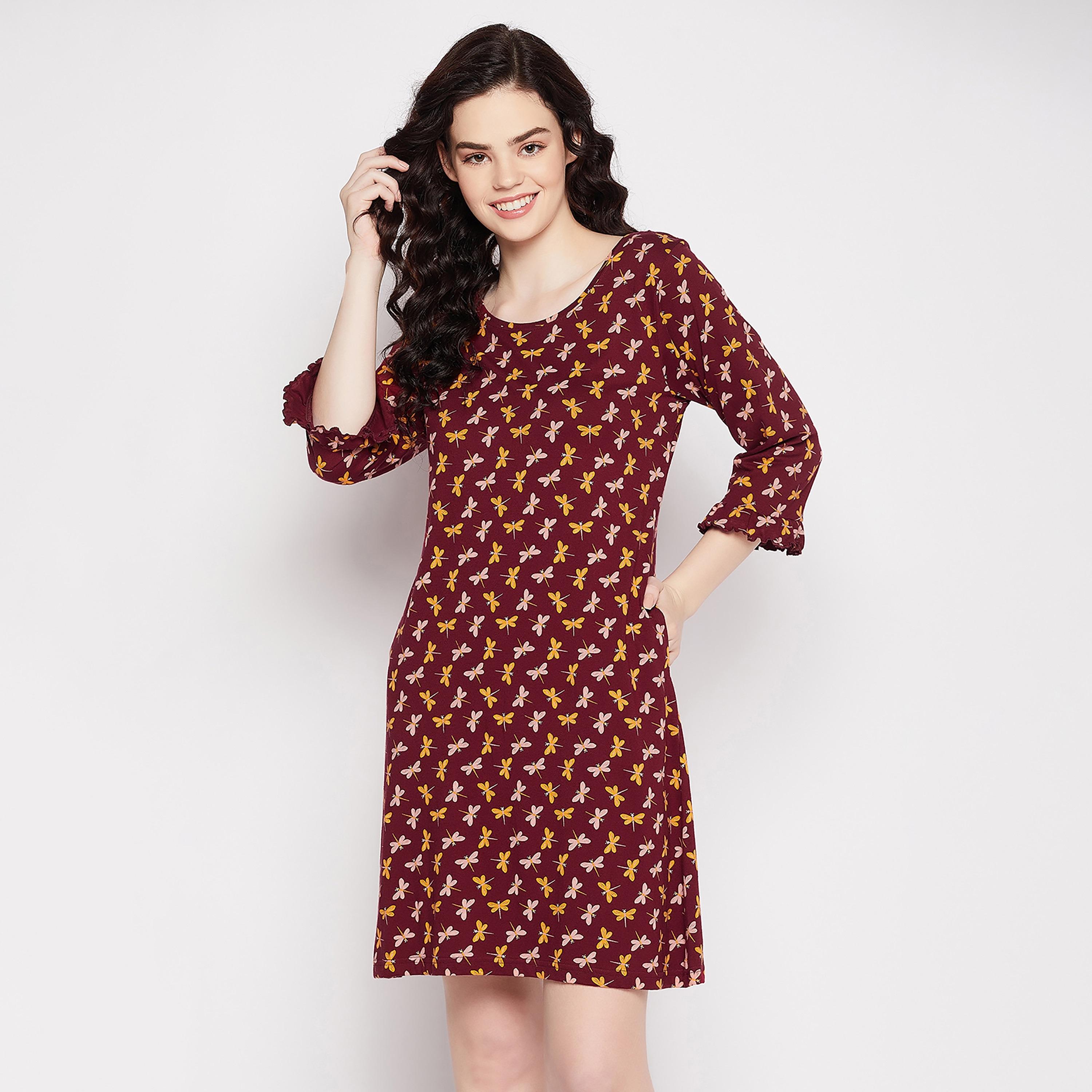 Clovia Printed Round Neck Night Dress-women-clothing-nightwear-nighties-image-3