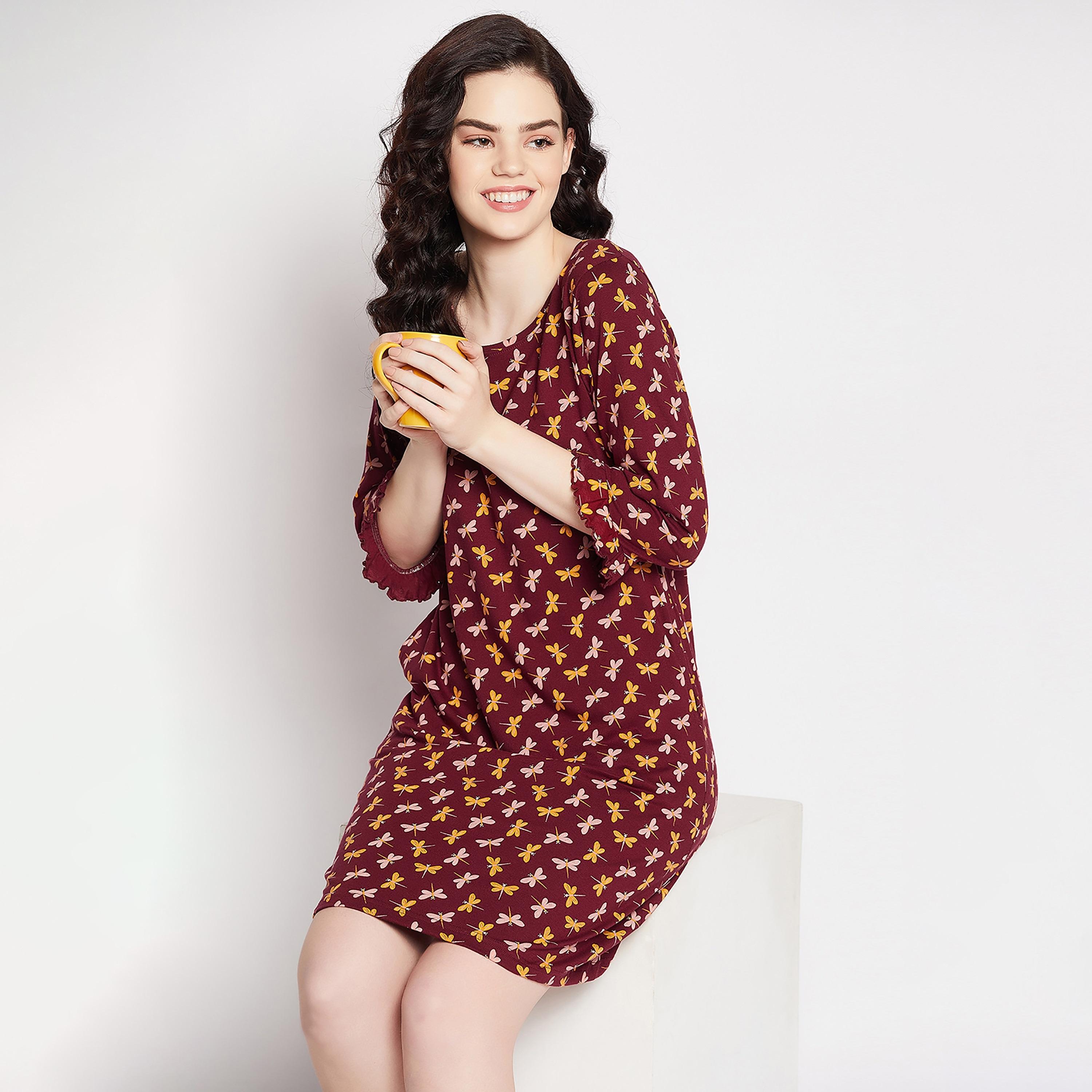 Clovia Printed Round Neck Night Dress-women-clothing-nightwear-nighties-image-4