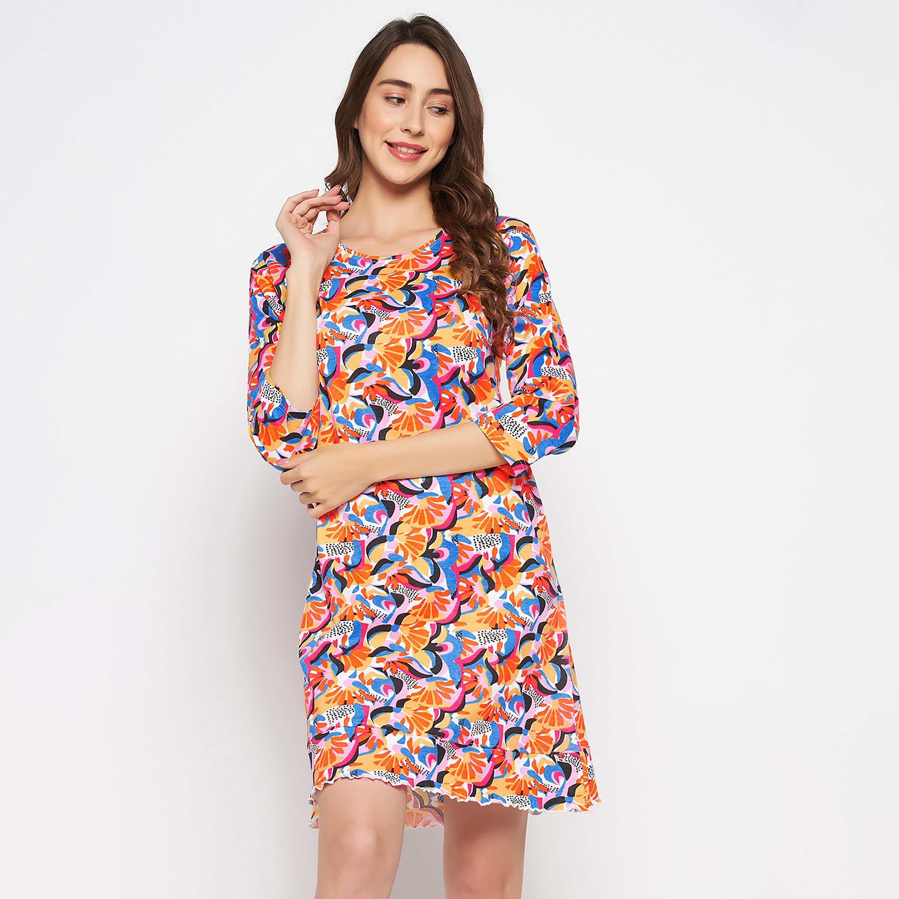 Clovia Printed Round Neck Night Dress-women-clothing-nightwear-nighties-image-2