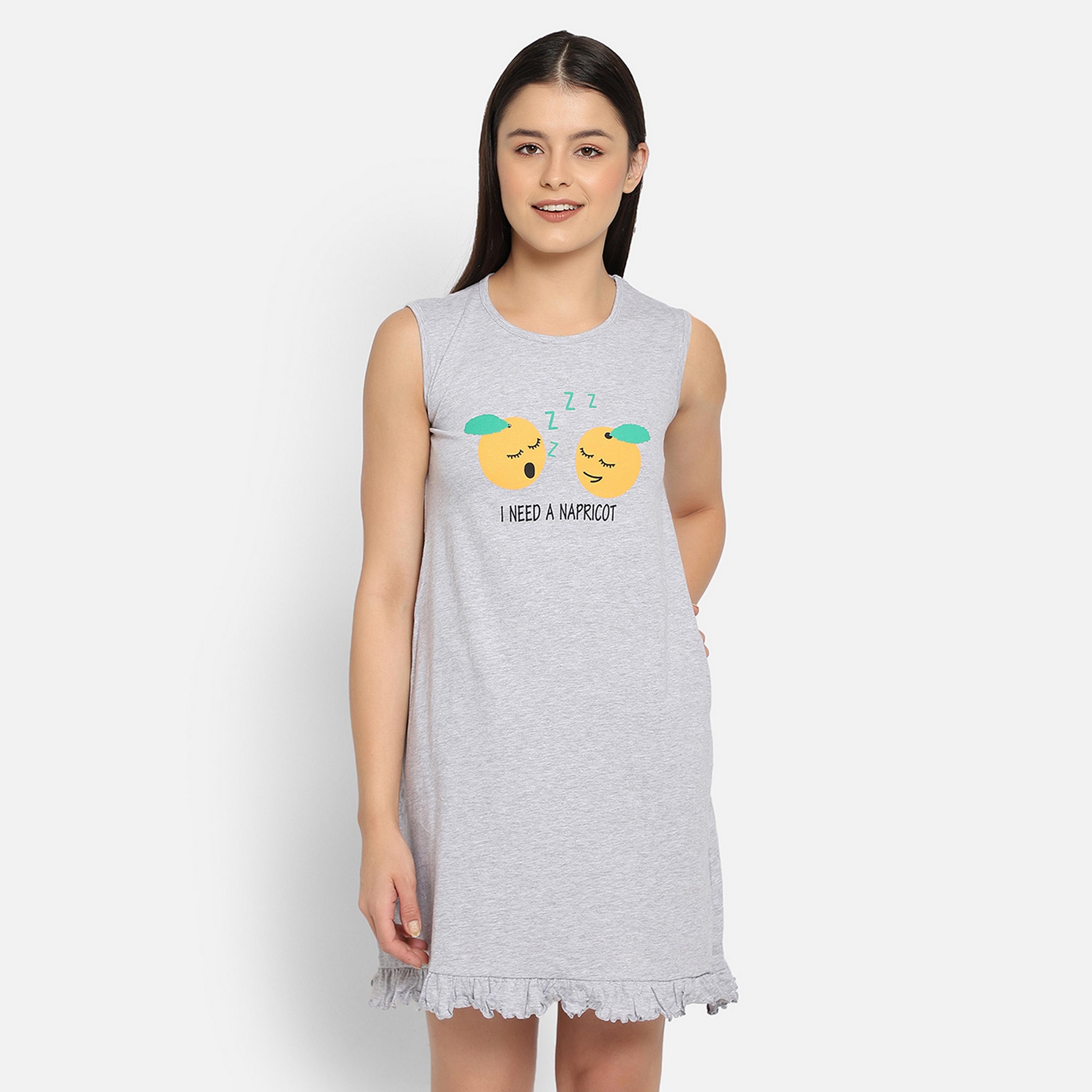 Clovia Emoji Print Women's Short Night Dress in Grey - Pure Cotton-women-clothing-nightwear-nighties-image-1