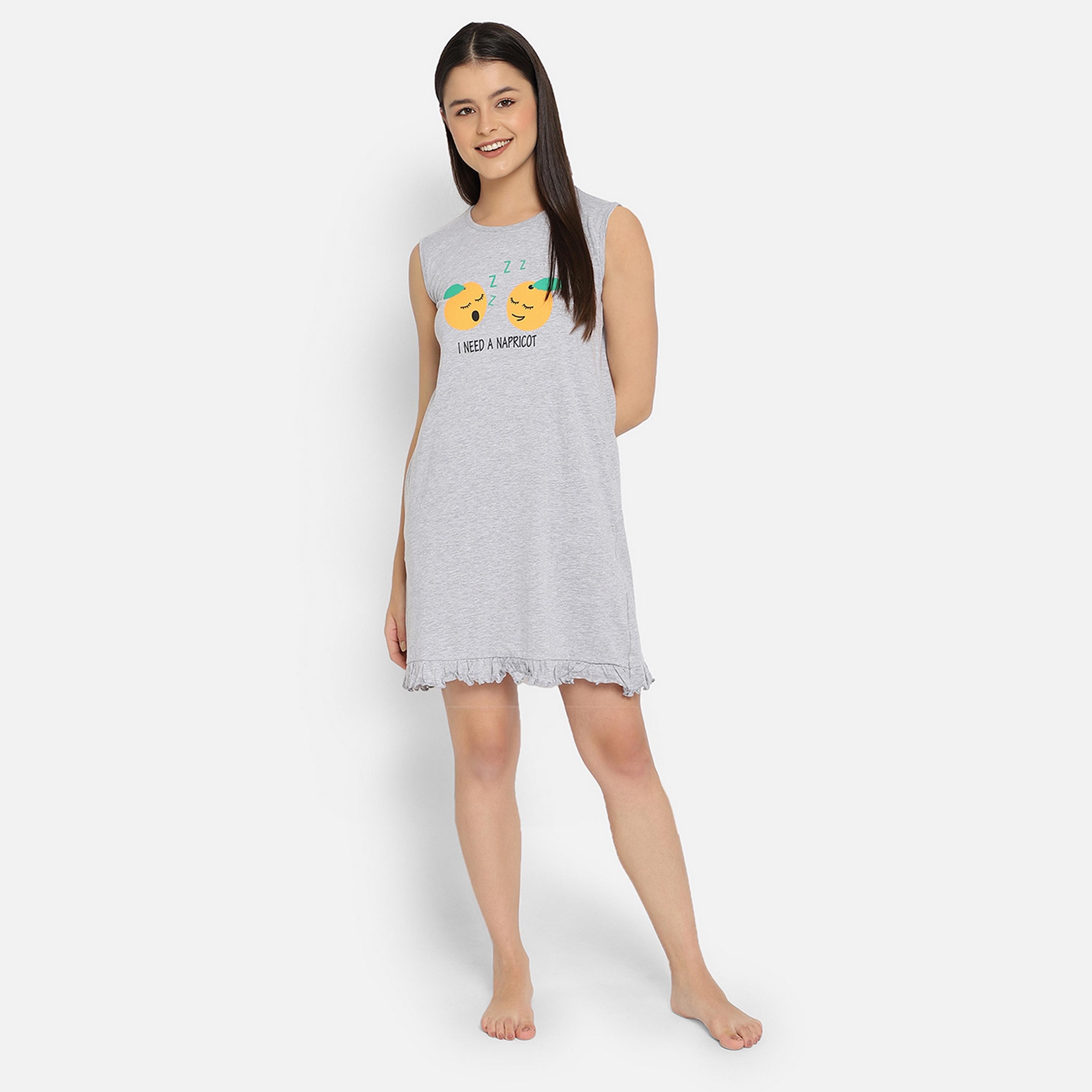 Clovia Emoji Print Women's Short Night Dress in Grey - Pure Cotton-women-clothing-nightwear-nighties-image-2