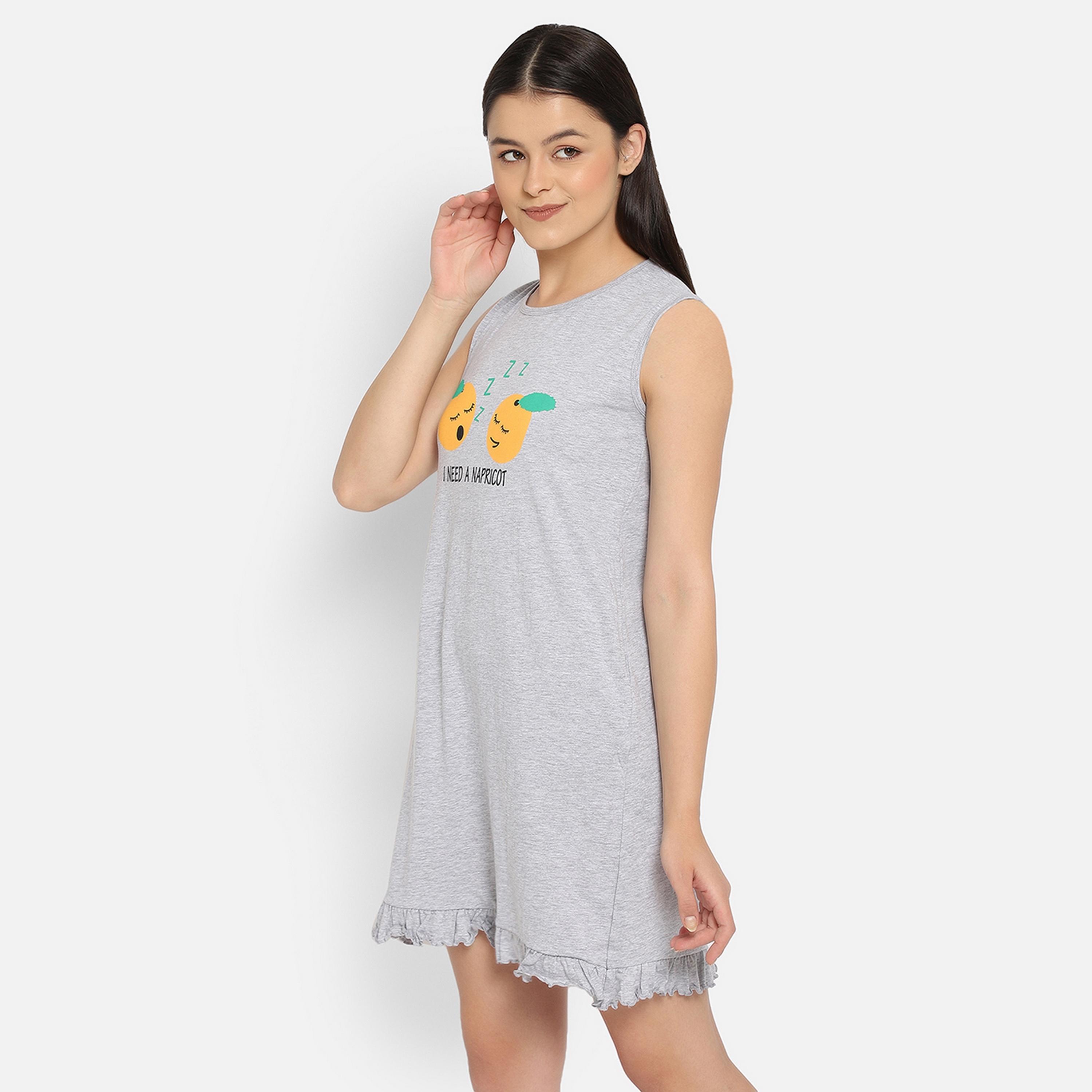 Clovia Emoji Print Women's Short Night Dress in Grey - Pure Cotton-women-clothing-nightwear-nighties-image-3