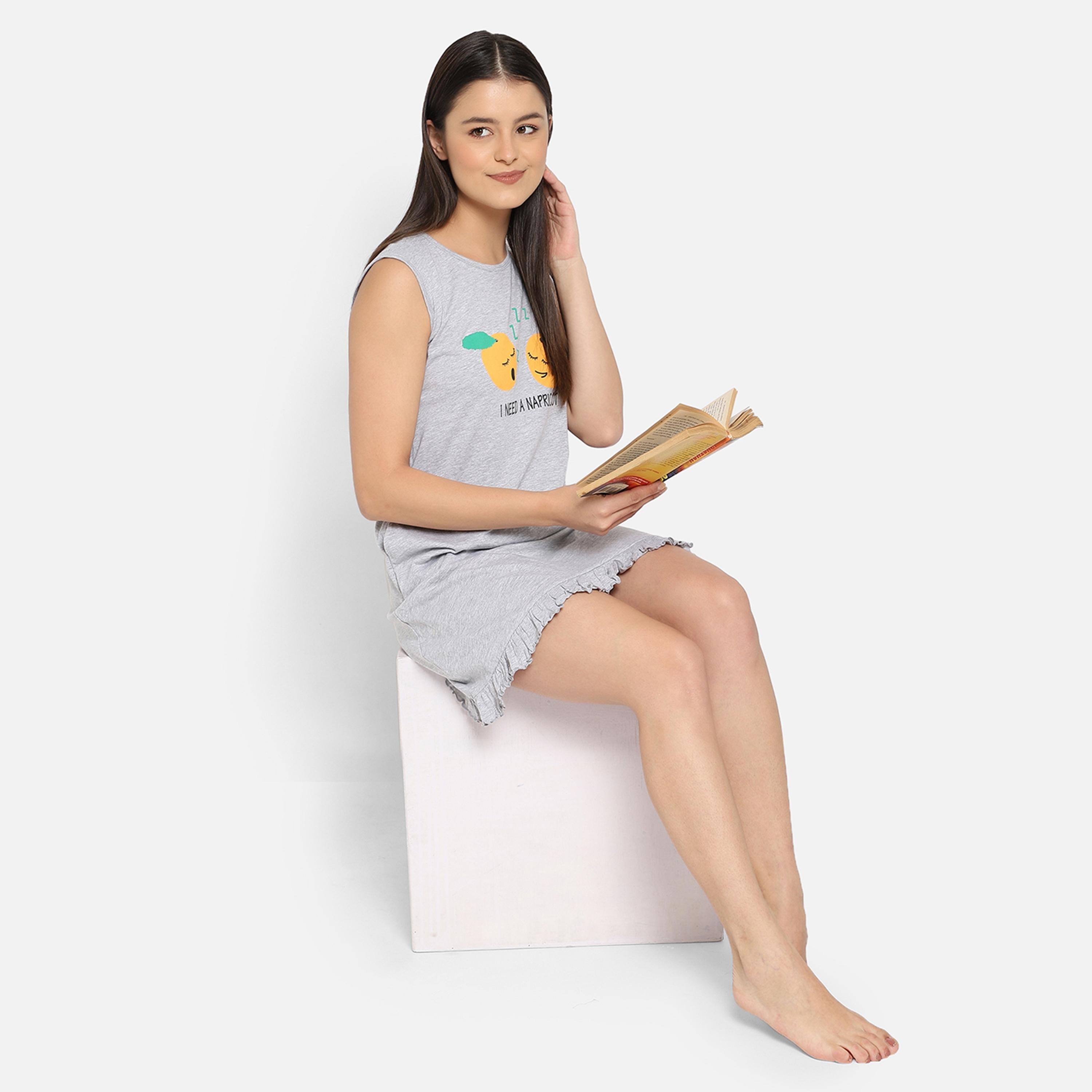 Clovia Emoji Print Women's Short Night Dress in Grey - Pure Cotton-women-clothing-nightwear-nighties-image-7