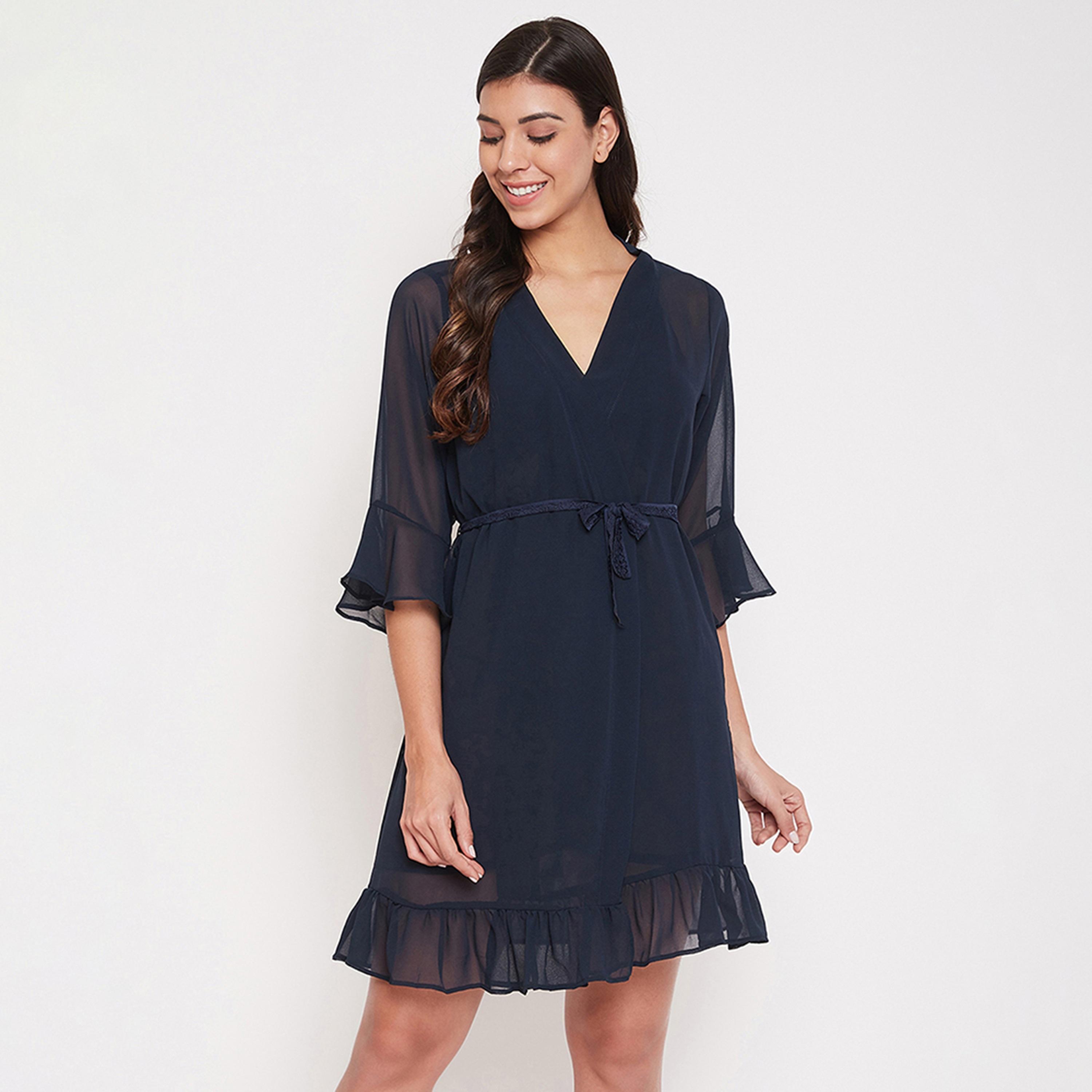 روب "شيك بيسك" - دانتيل وجورجيت كحلي من كلوفيا-women-clothing-nightwear-robes-image-1