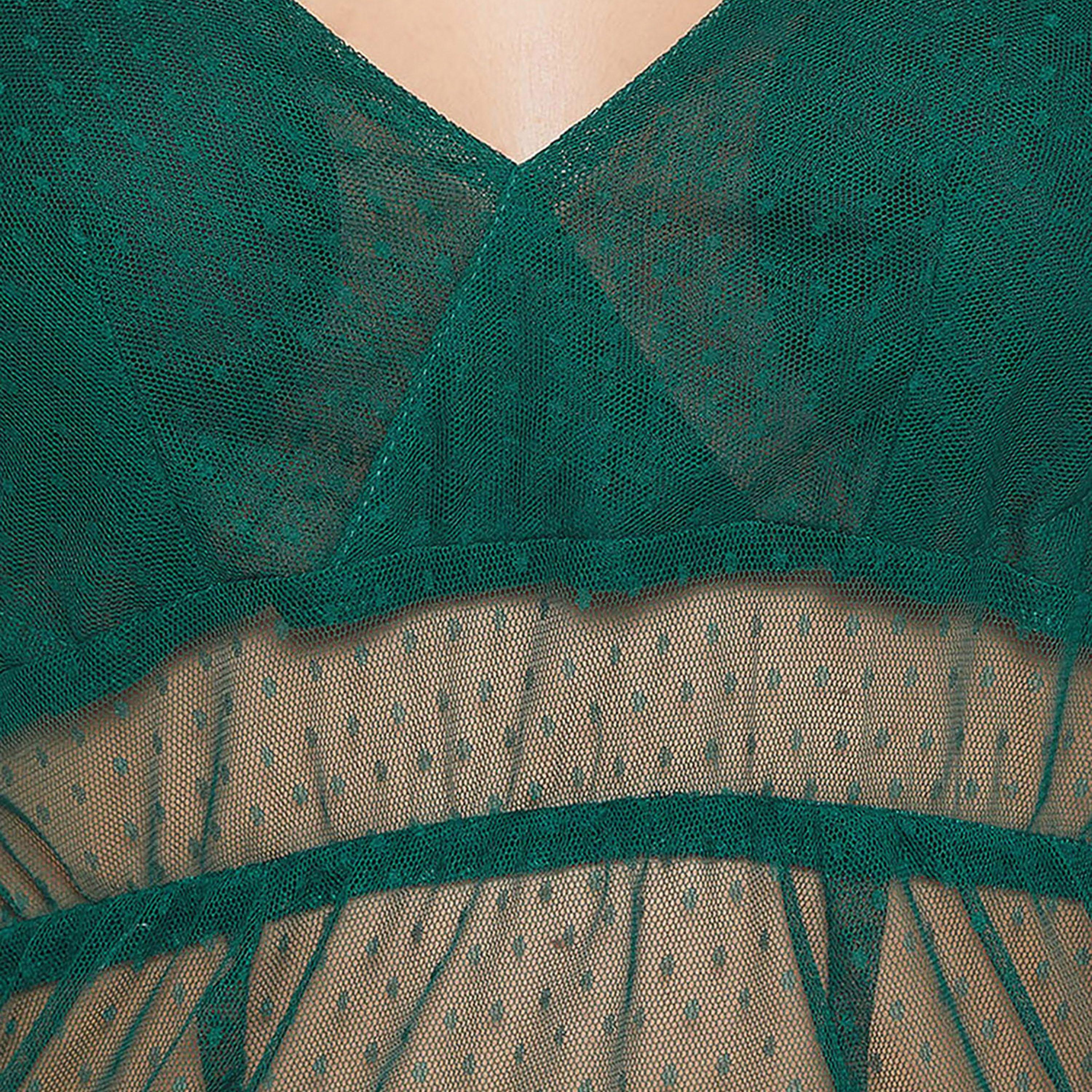Clovia Padded Self-Patterned Sheer Women's Babydoll with Matching G-String in Dark Green - Mesh-women-clothing-lingerie-babydollsandbodysuits-image-7
