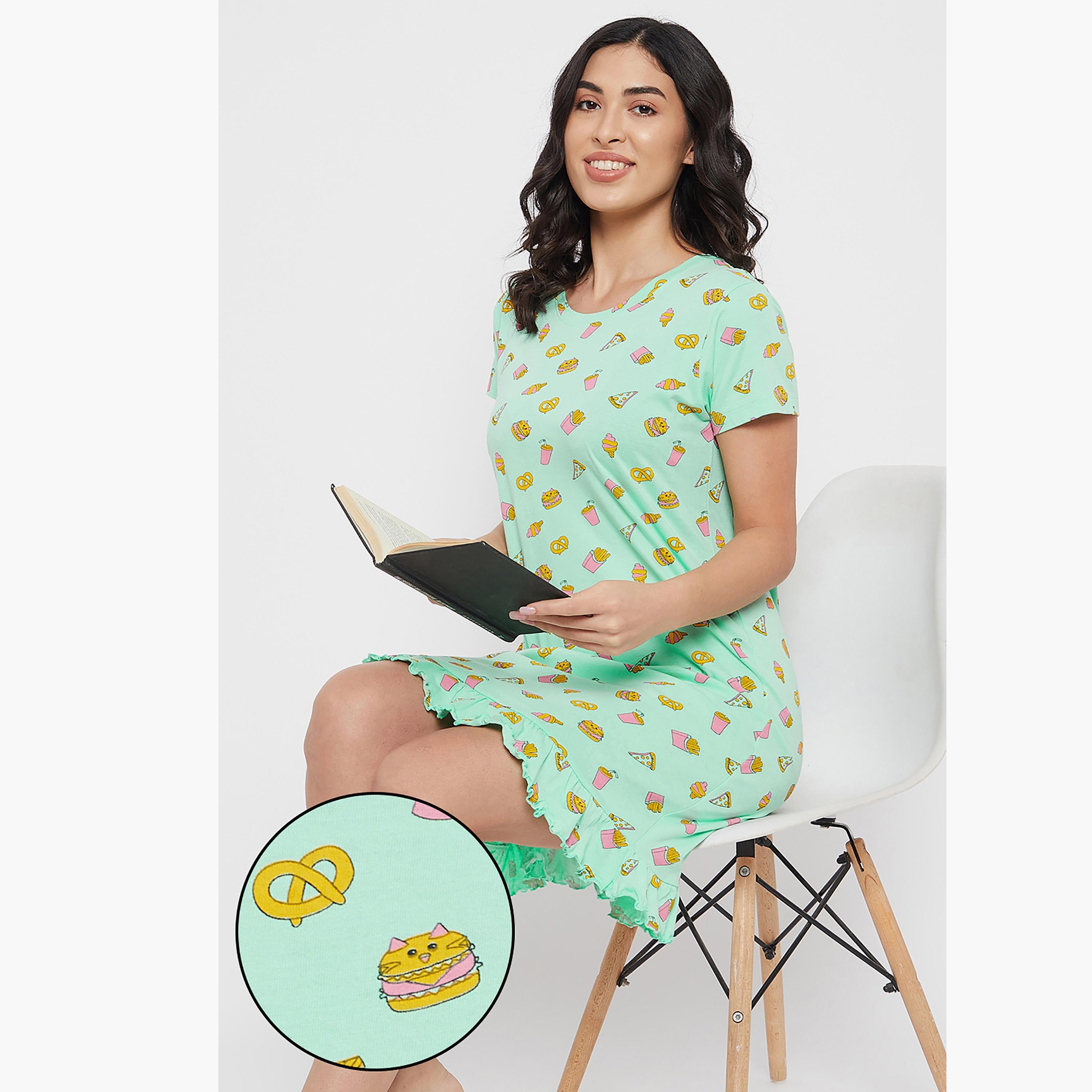 Clovia Printed Round Neck Night Dress-women-clothing-nightwear-nighties-image-1