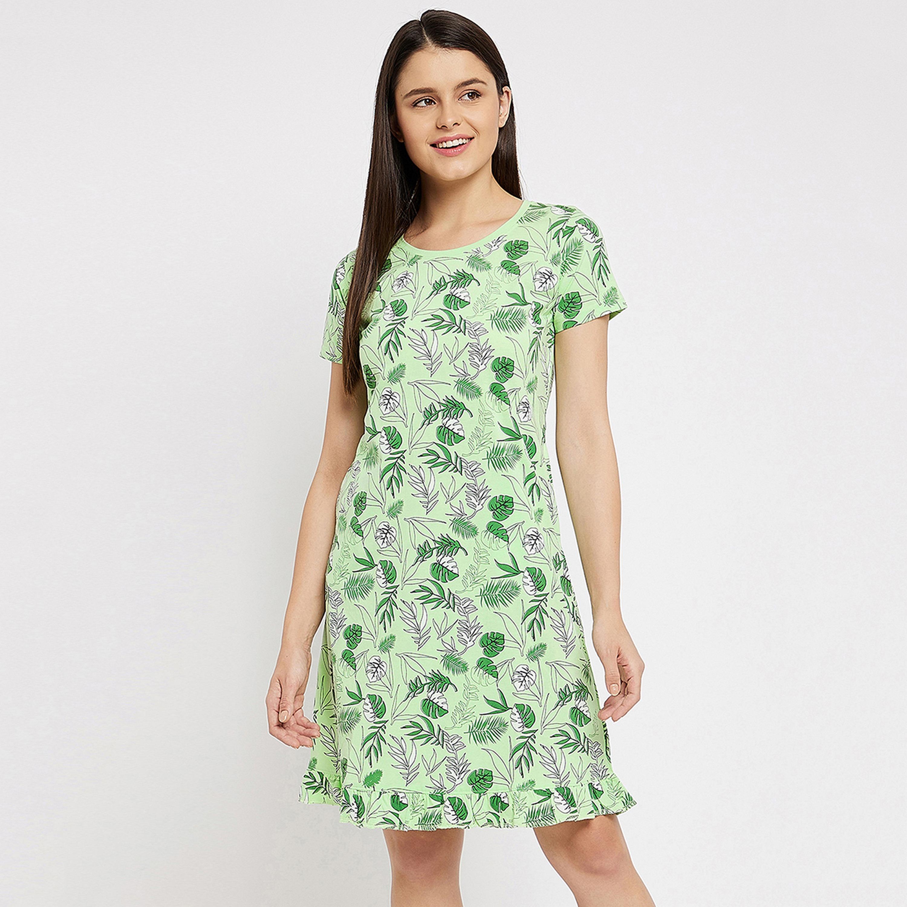 Clovia Tropical Print Women's Short Night Dress in Mint Green - Cotton Rich-women-clothing-nightwear-nighties-image-1