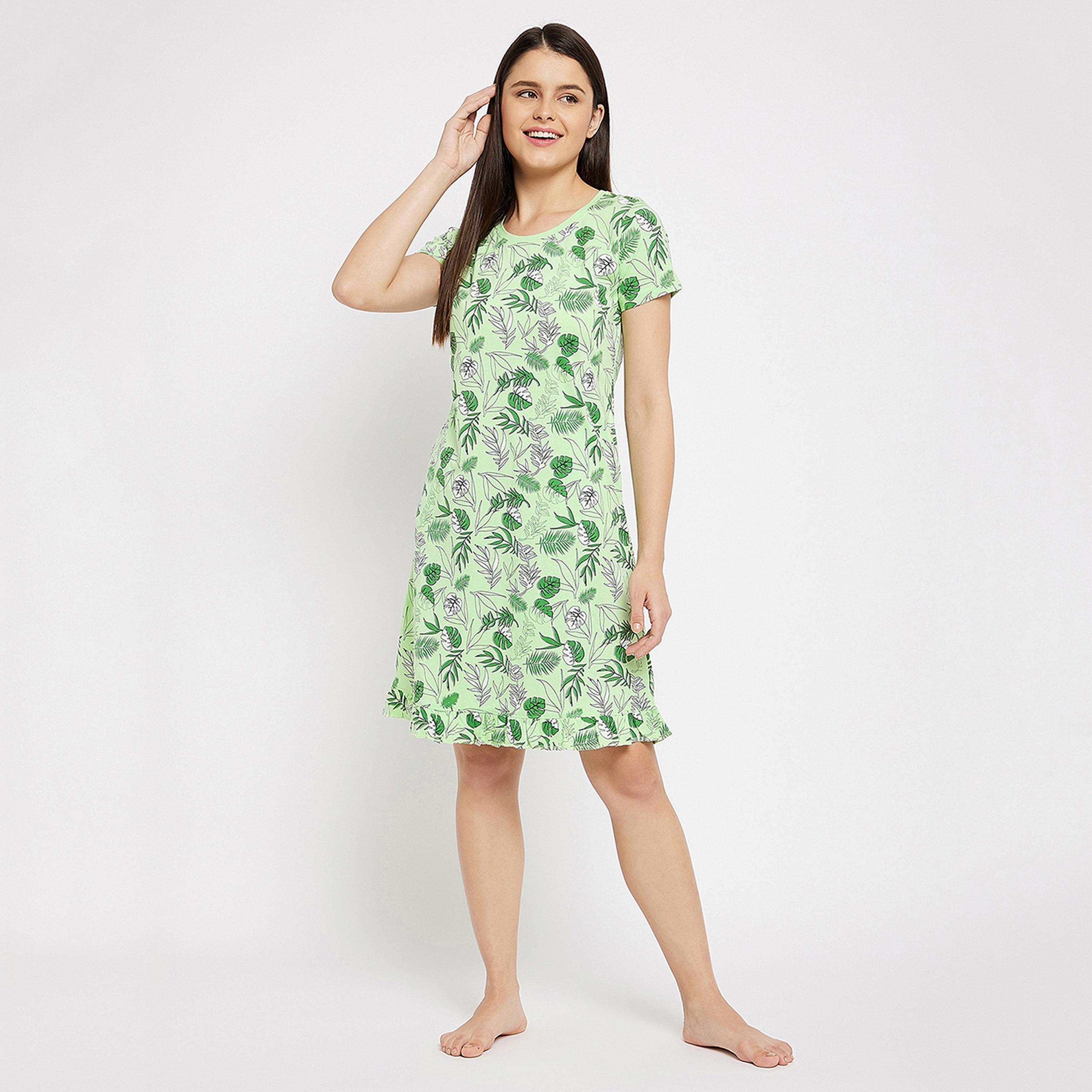 Clovia Tropical Print Women's Short Night Dress in Mint Green - Cotton Rich-women-clothing-nightwear-nighties-image-2