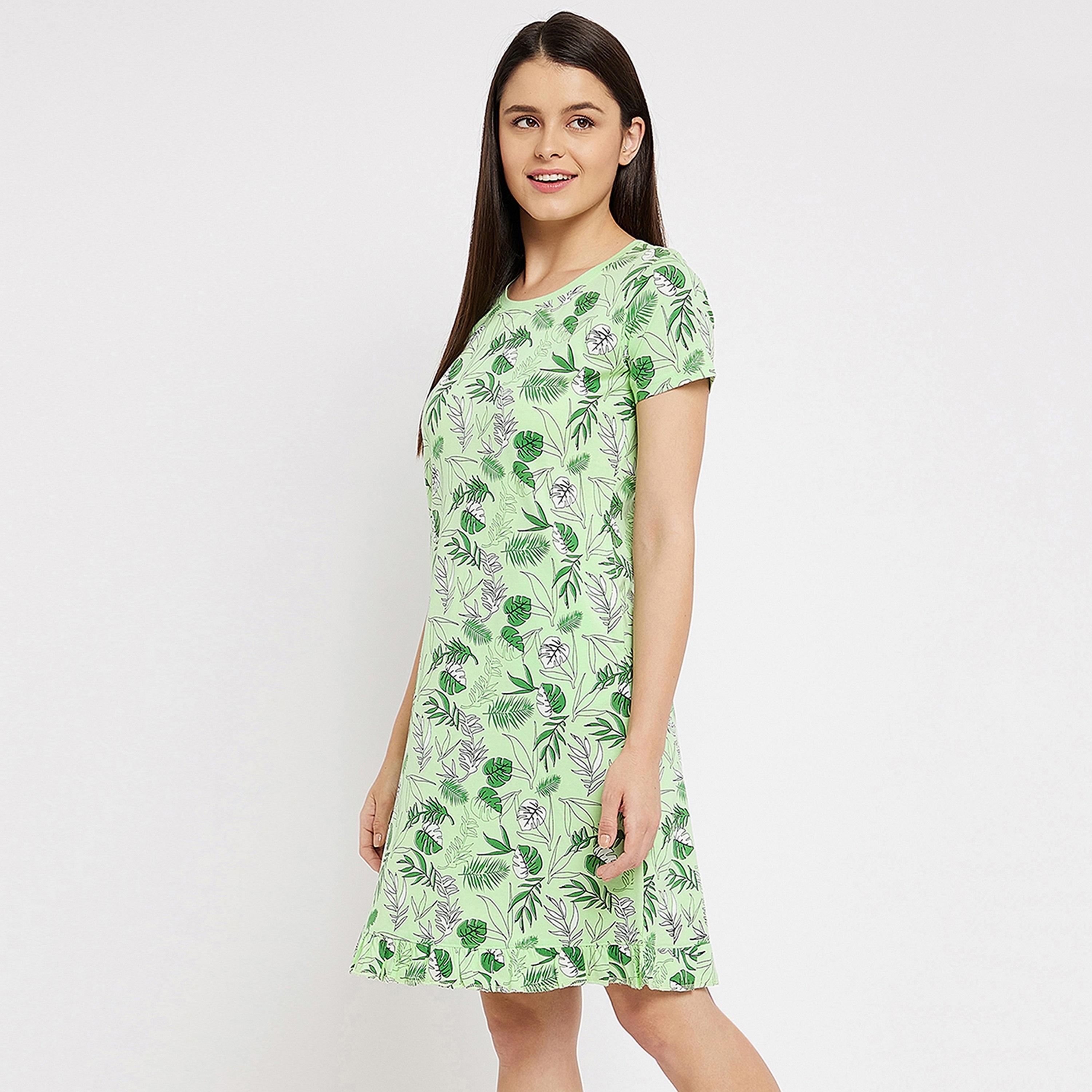 Clovia Tropical Print Women's Short Night Dress in Mint Green - Cotton Rich-women-clothing-nightwear-nighties-image-3