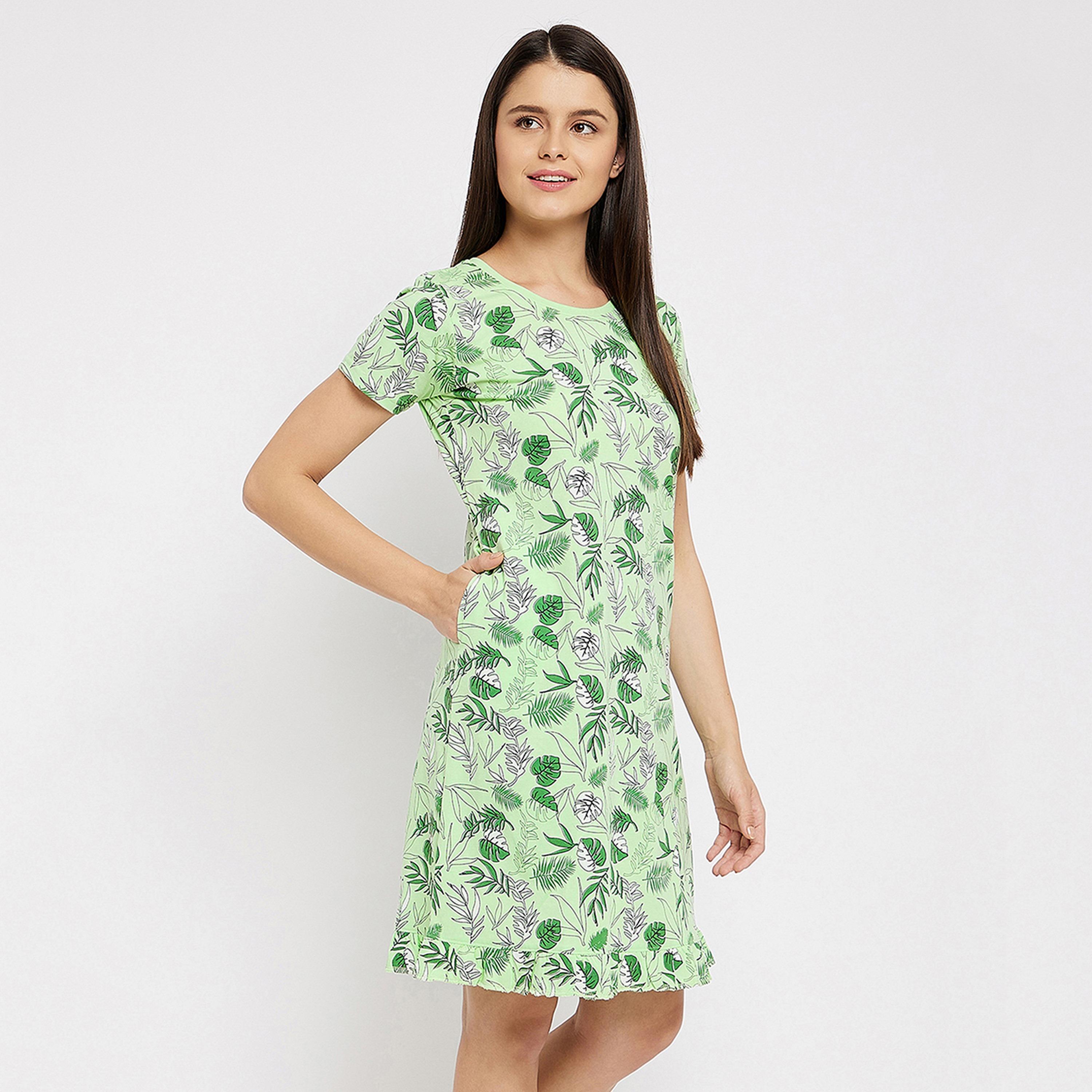 Clovia Tropical Print Women's Short Night Dress in Mint Green - Cotton Rich-women-clothing-nightwear-nighties-image-4