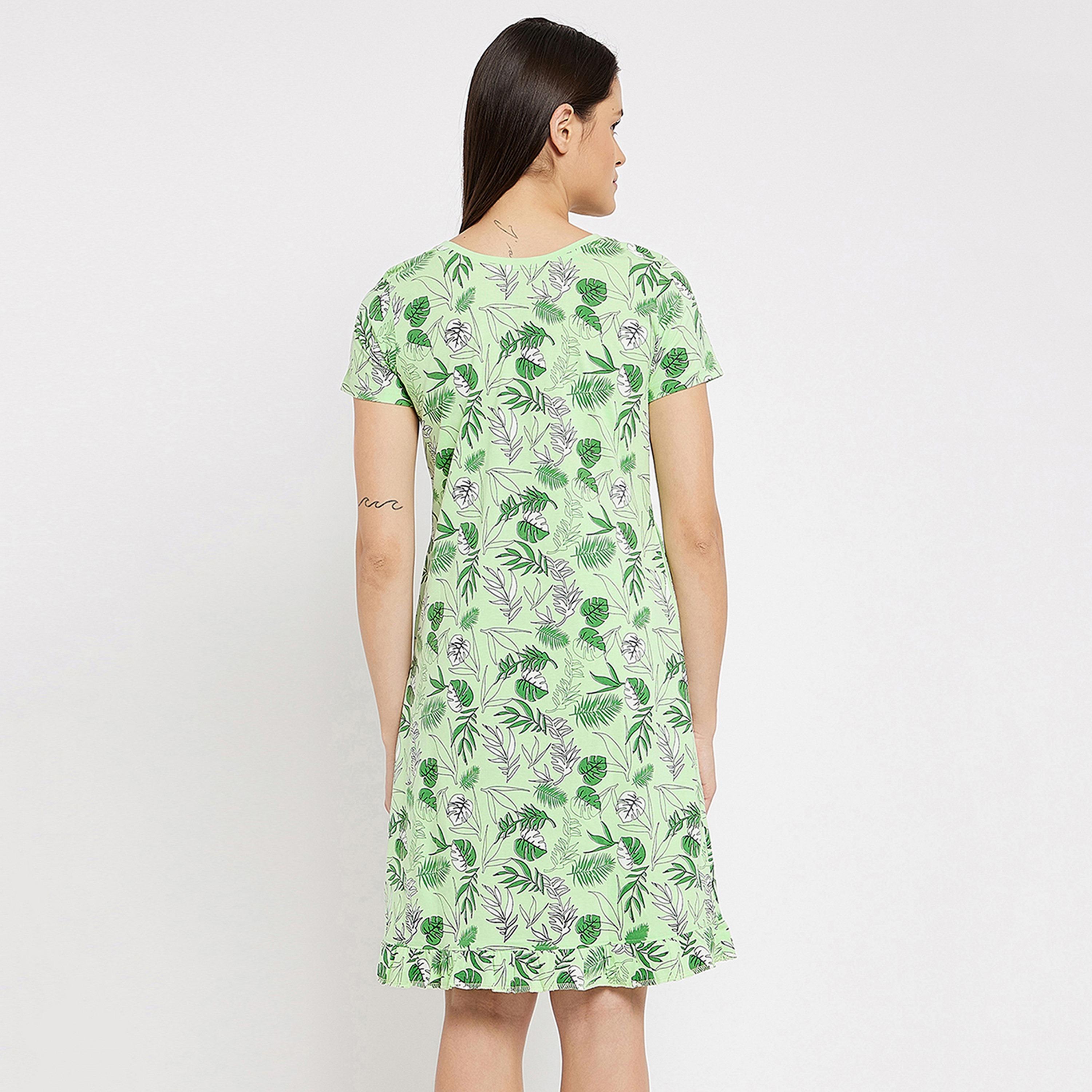 Clovia Tropical Print Women's Short Night Dress in Mint Green - Cotton Rich-women-clothing-nightwear-nighties-image-5