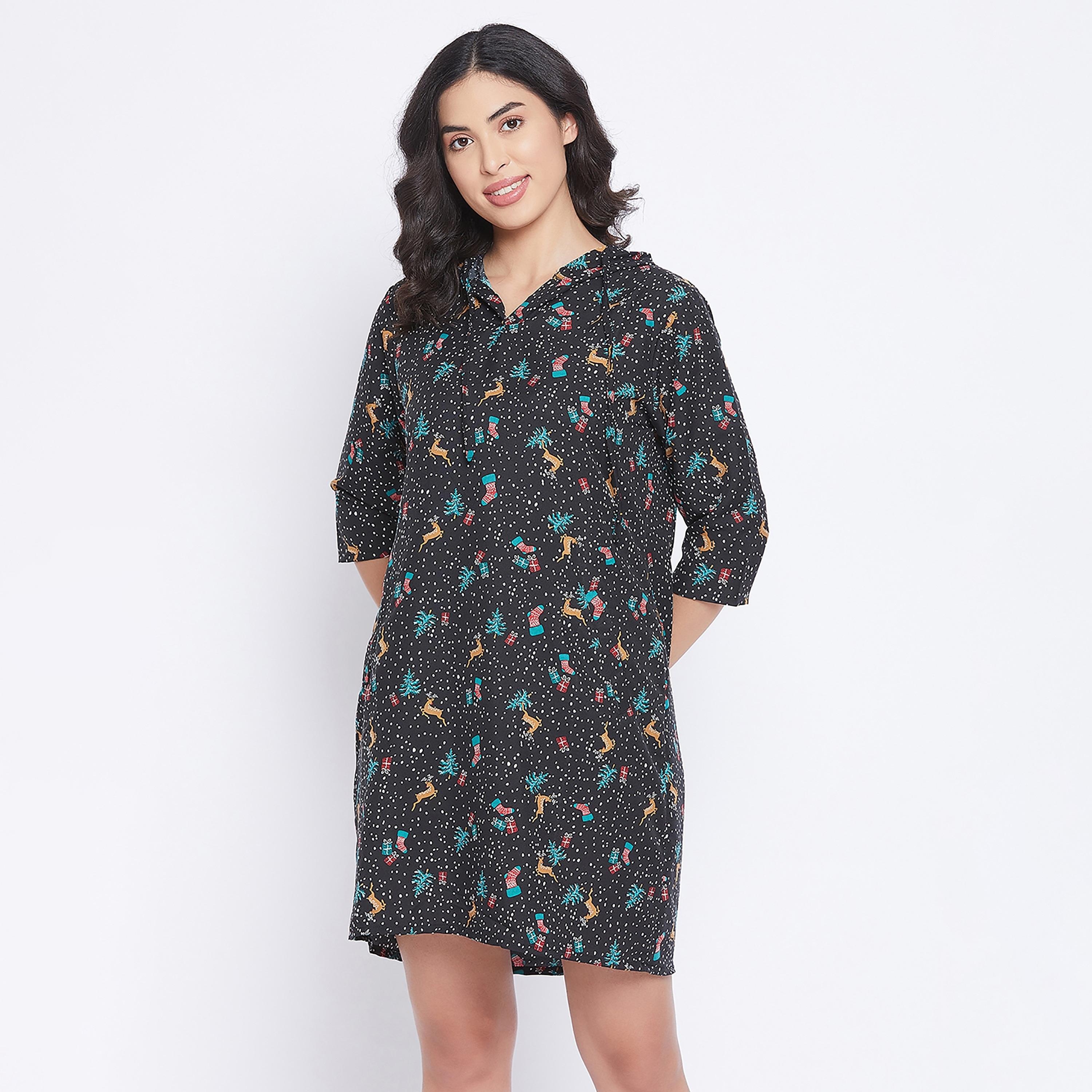 Clovia Printed Hooded Night Dress-women-clothing-nightwear-nighties-image-2