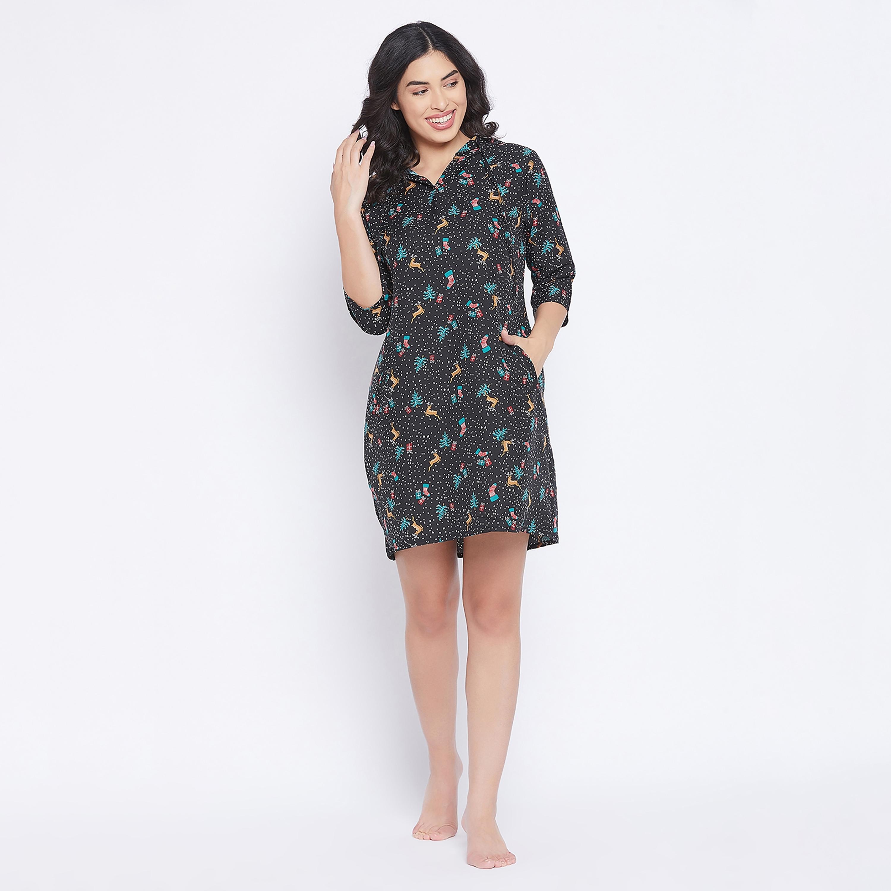 Clovia Printed Hooded Night Dress-women-clothing-nightwear-nighties-image-3